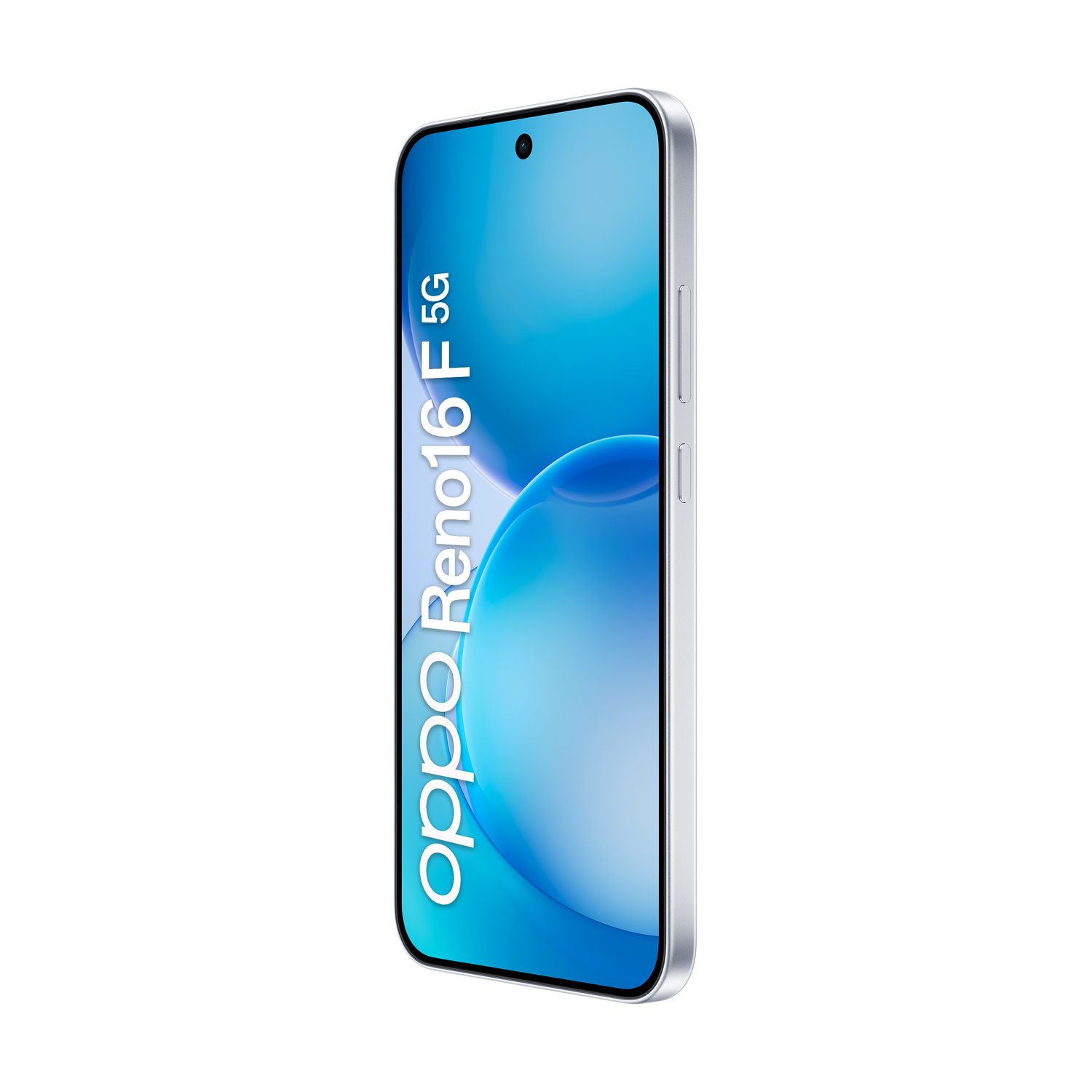 Smartphone Oppo Reno16 F 5G color argento con sfondo blu.