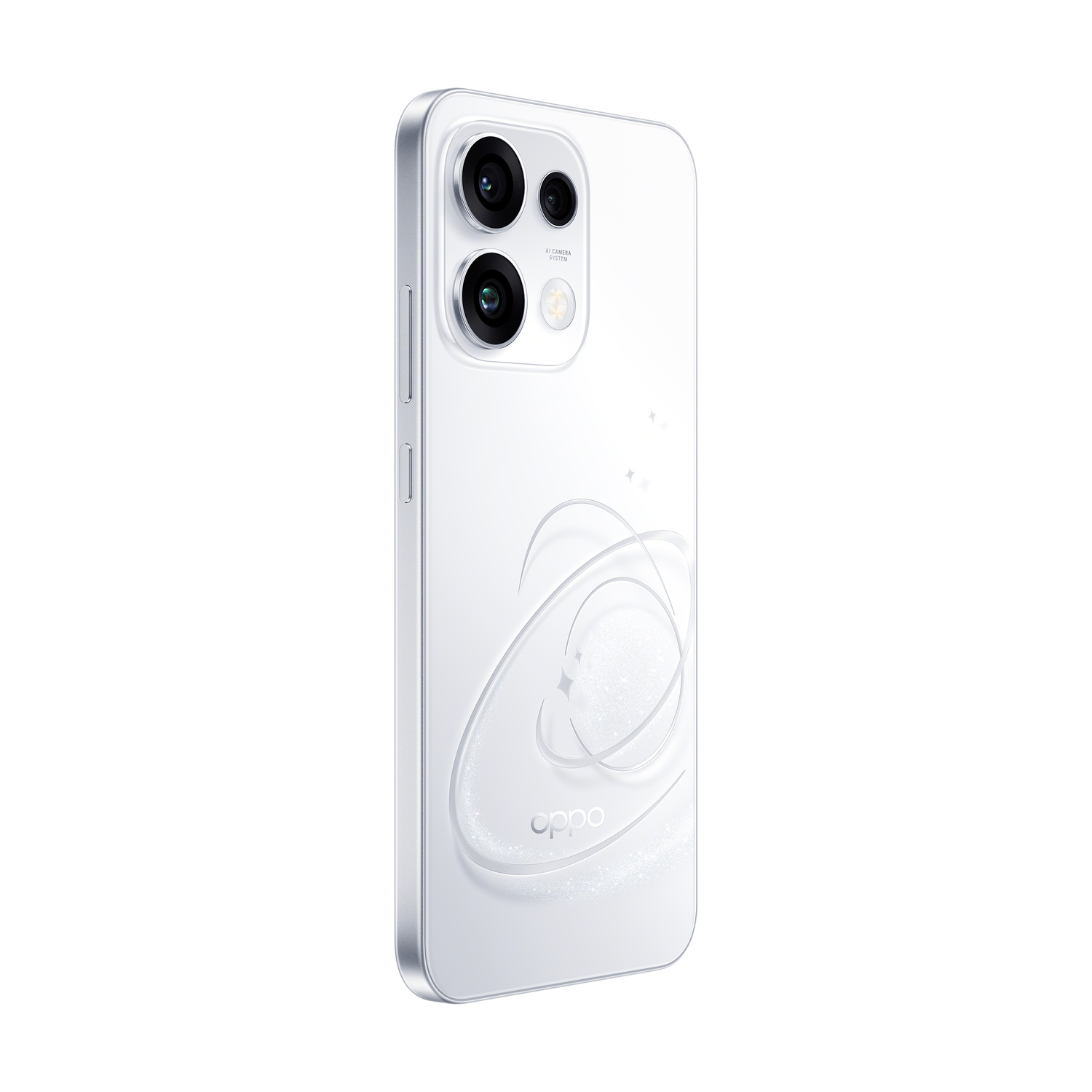 Retro di uno smartphone bianco con anelli decorativi e quadrupla fotocamera.