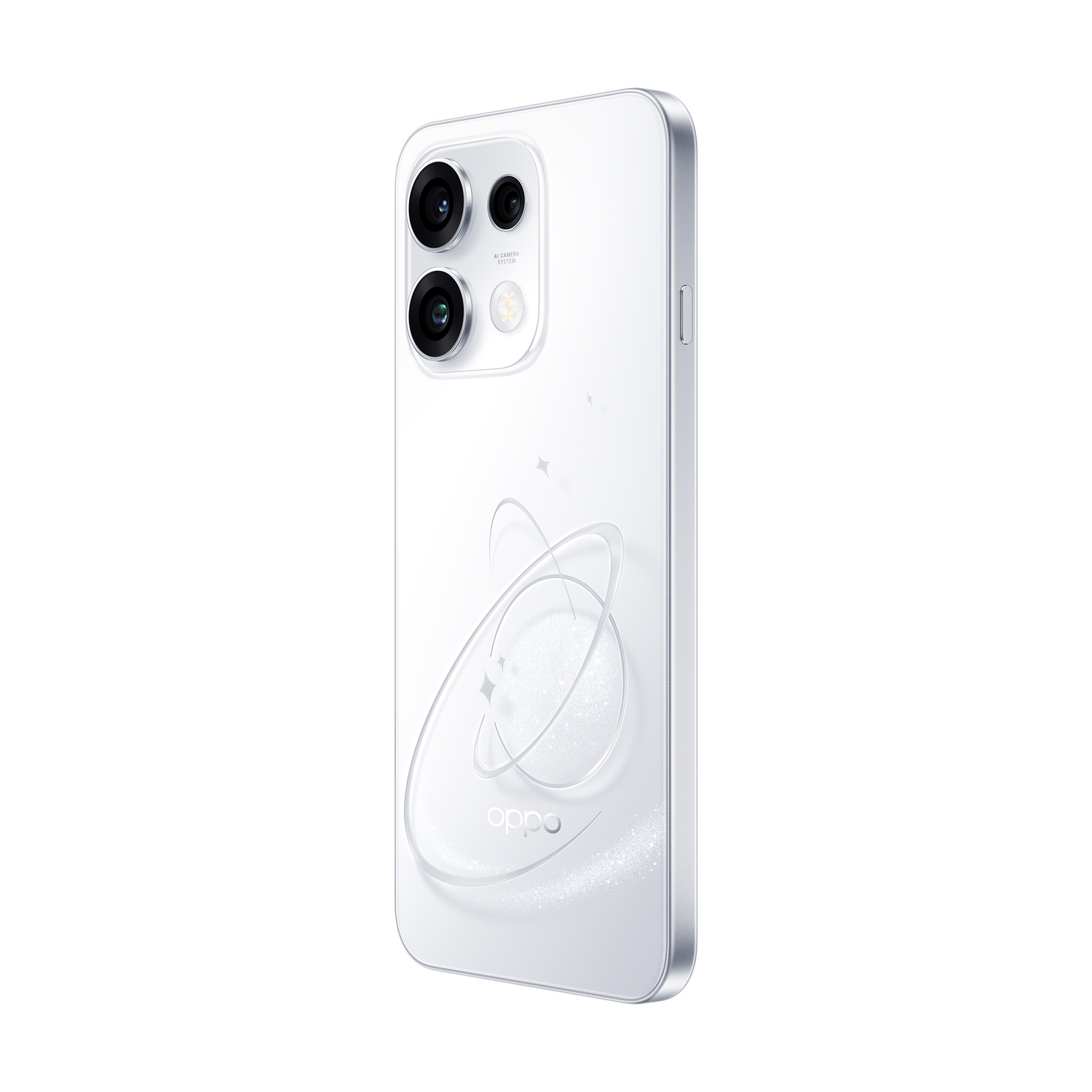 Uno smartphone Oppo bianco con doppia fotocamera e design di pianeta inciso sul retro.