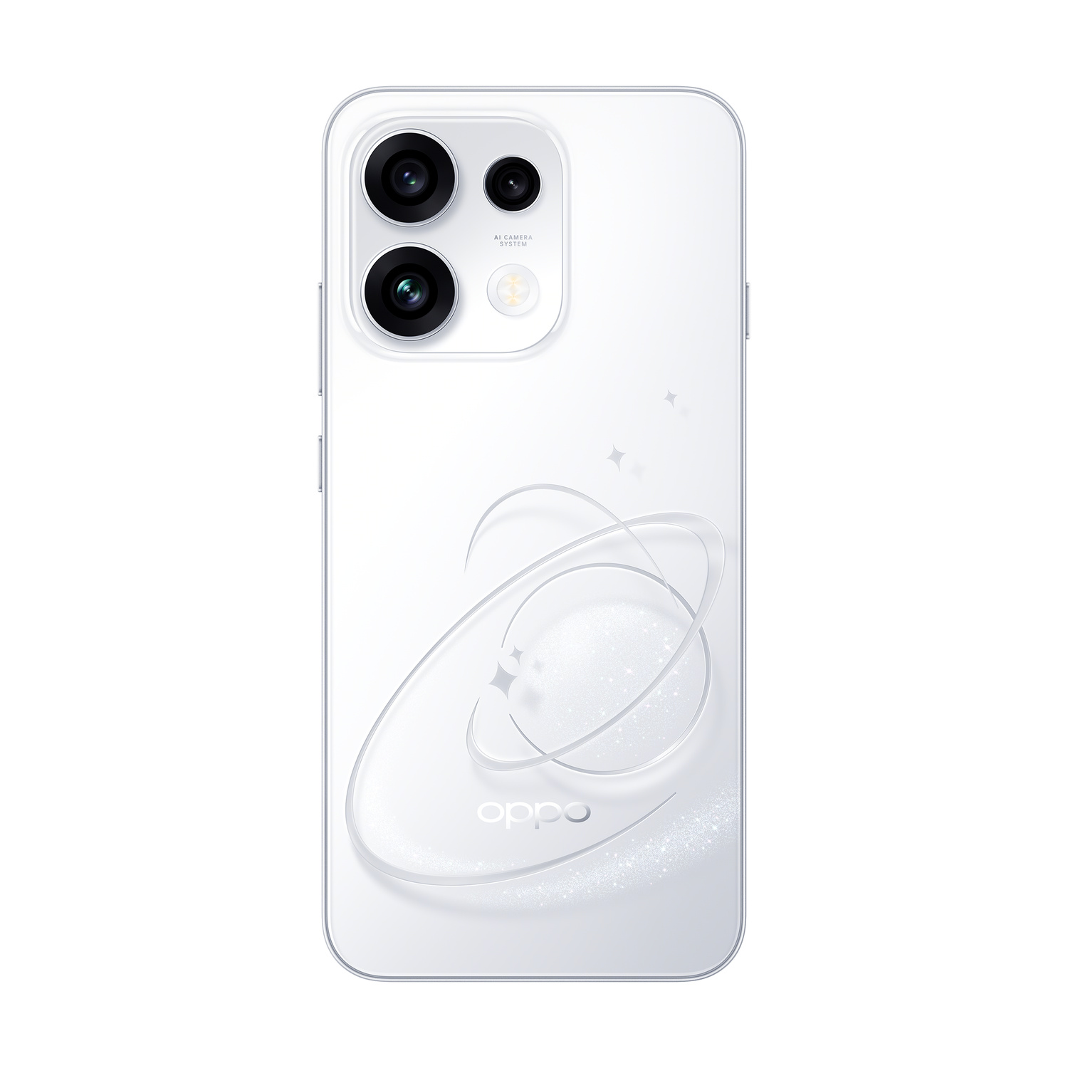 Retro di uno smartphone bianco OPPO con tripla fotocamera e design pianeta satinato.