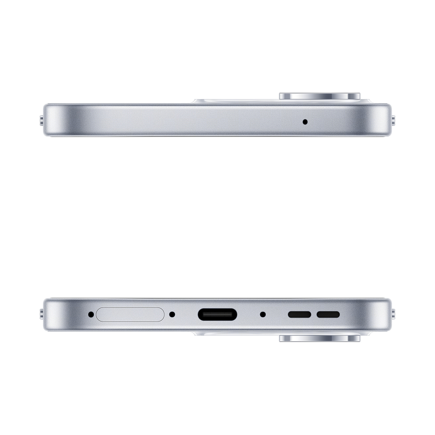 Bordi superiore e inferiore di uno smartphone argento, con porte, microfono e carrellino SIM su sfondo bianco.