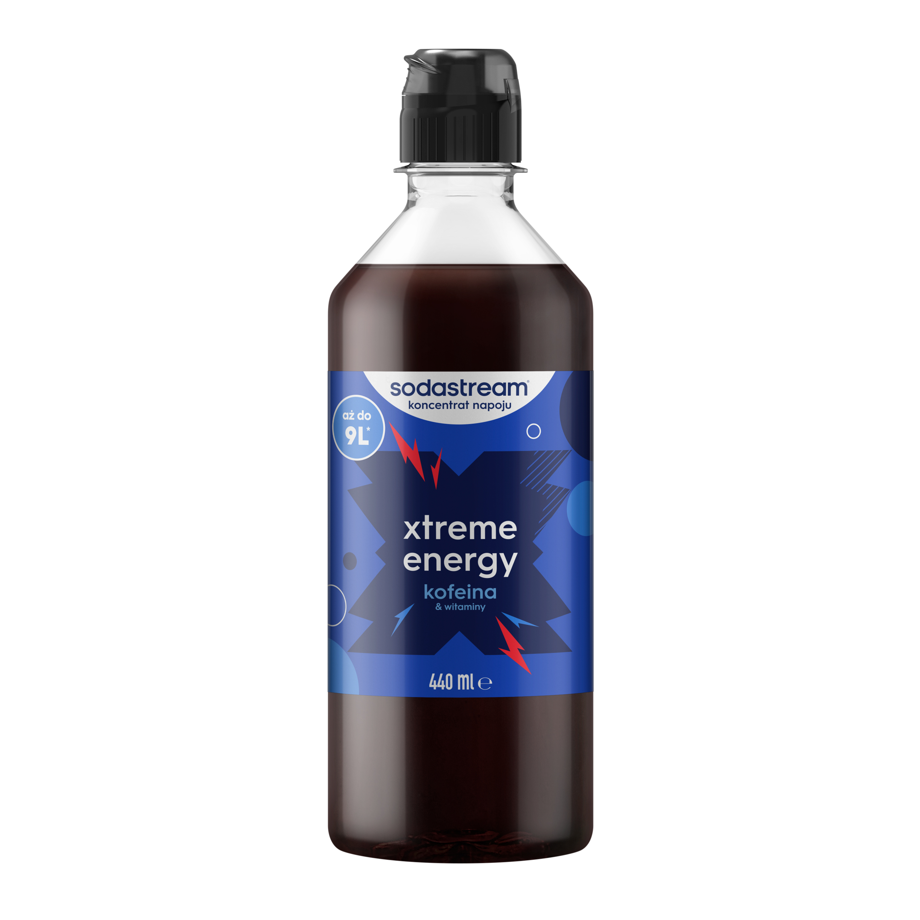 Plastikowa butelka koncentratu syropu SodaStream Xtreme Energy, niebieska etykieta z czerwoną błyskawicą, 440 ml.