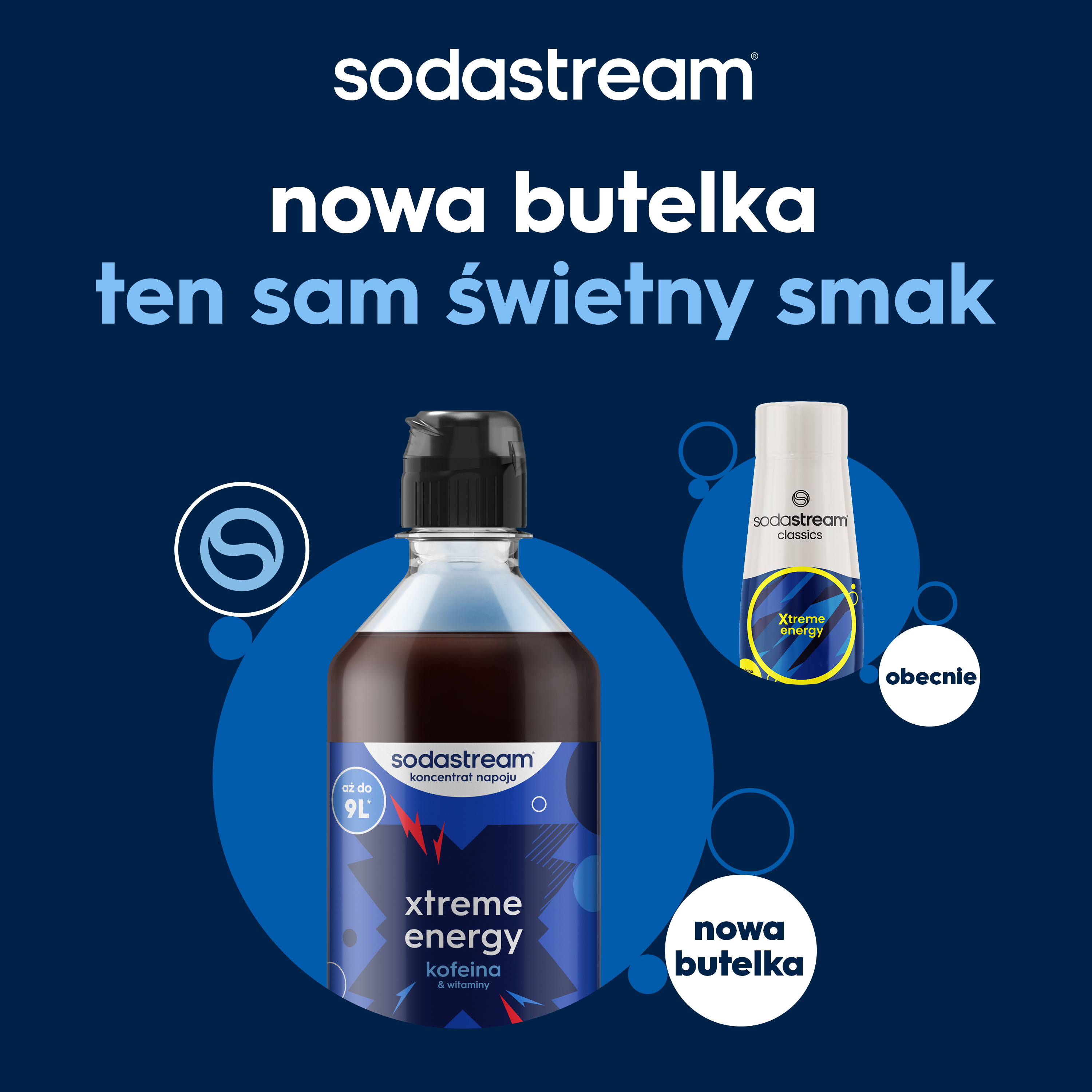 Butelka koncentratu Sodastream Xtreme Energy z niebiesko-białym wzorem na niebieskim tle.