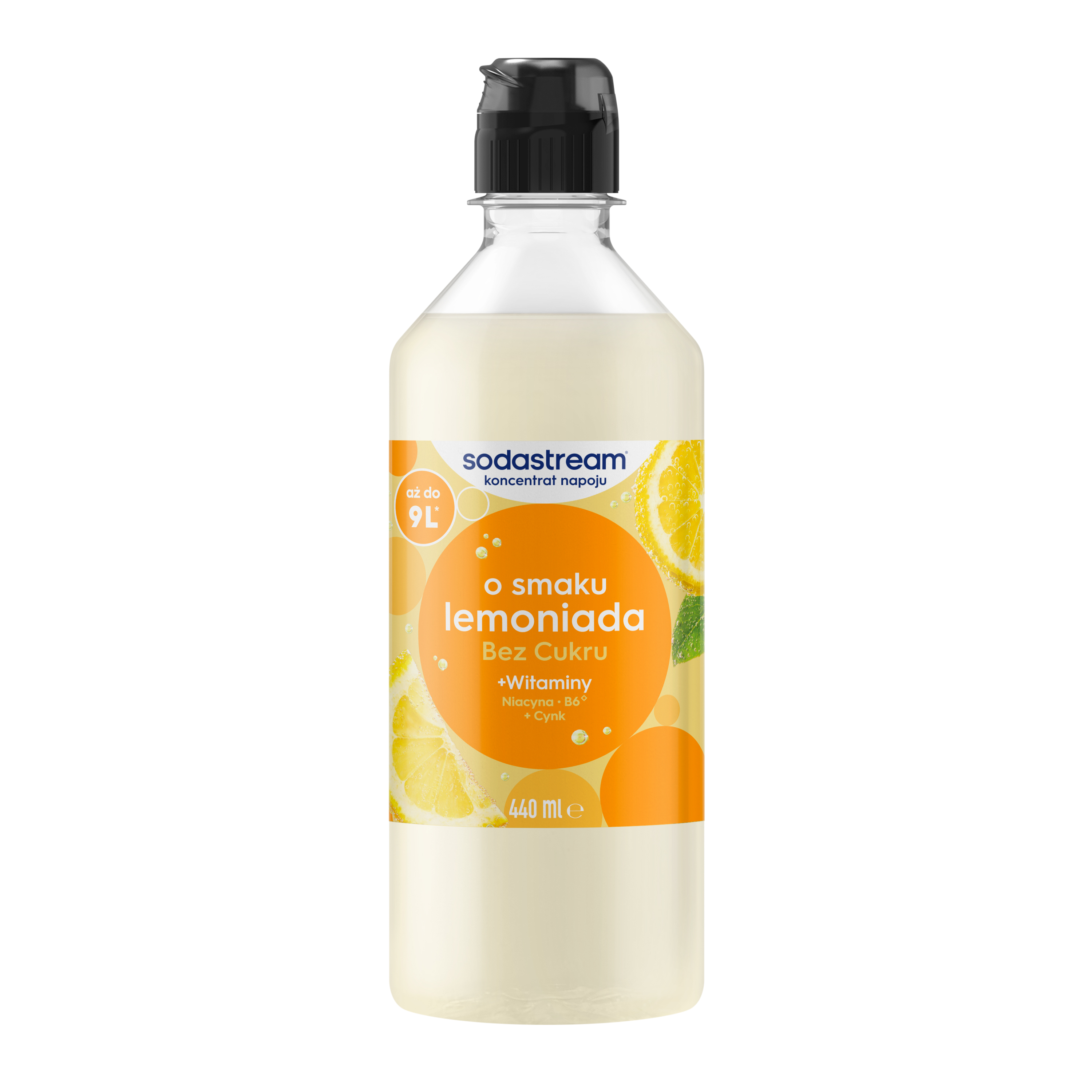Butelka syropu lemoniadowego SodaStream 440 ml z czarną nakrętką i grafiką cytryny.