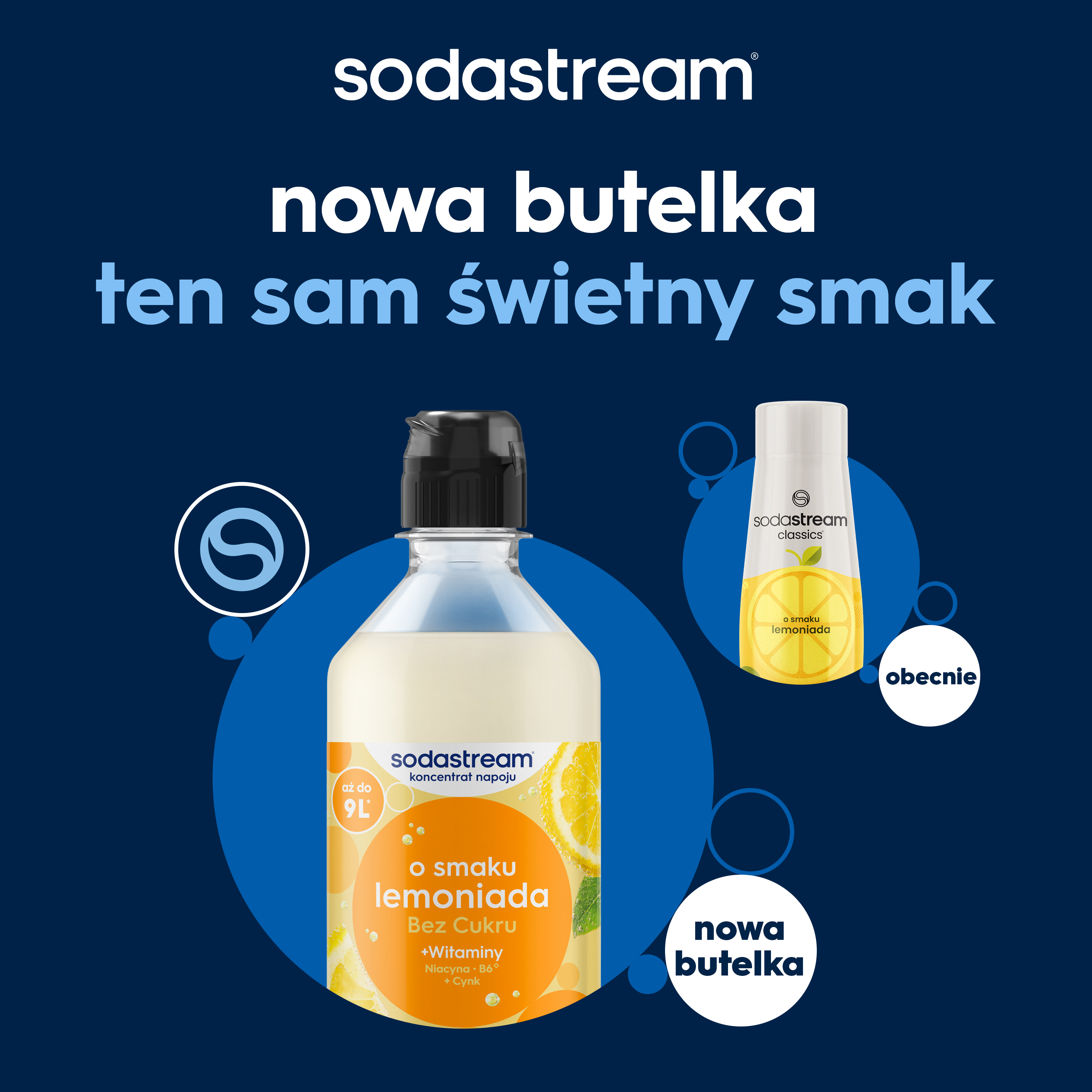 Reklama Sodastream przedstawiająca nową butelkę syropu lemoniadowego na niebieskim tle.