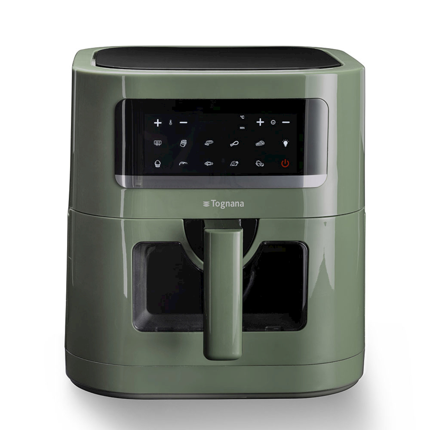 Una friggitrice ad aria verde oliva con display touch digitale e maniglia su sfondo bianco.