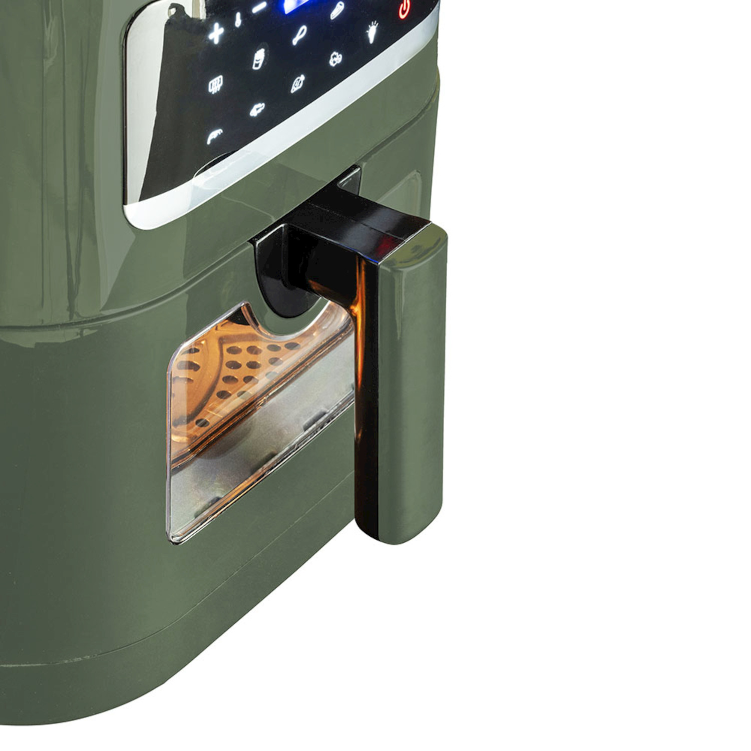 Friggitrice ad aria verde con display digitale, maniglia nera e finestra di visualizzazione trasparente.