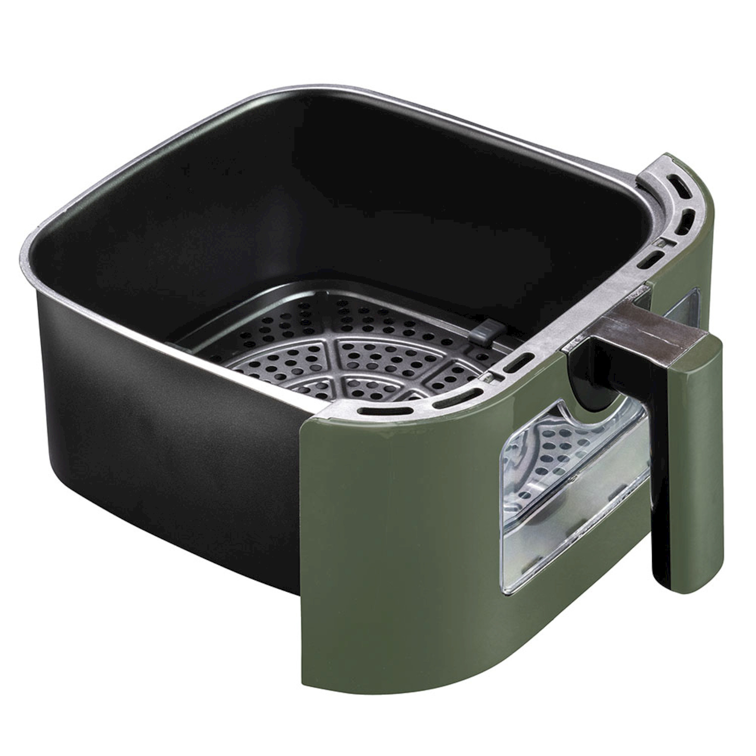 Cestello per friggitrice ad aria verde con interno nero, vassoio perforato e manico su sfondo bianco.
