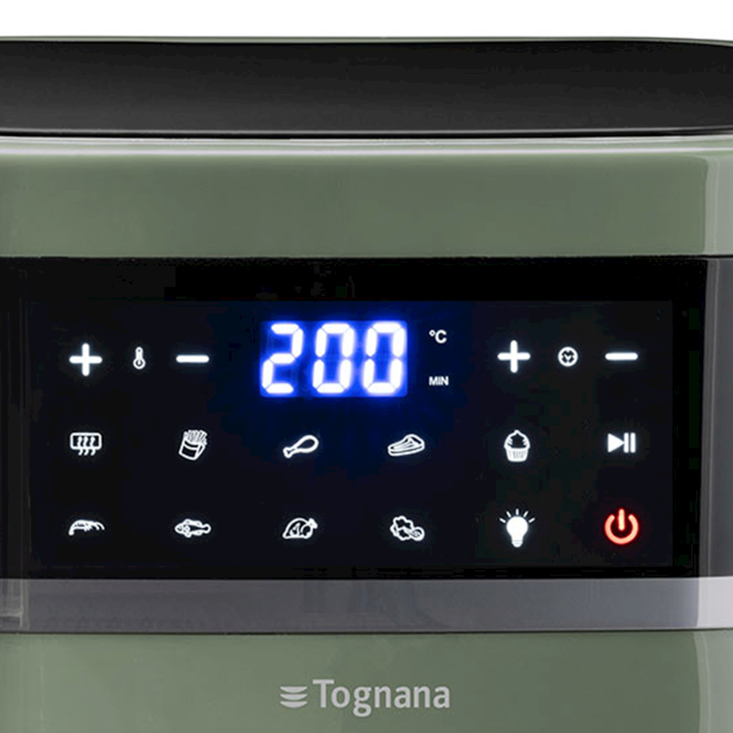 Friggitrice ad aria Tognana verde con display digitale che mostra 200°C, circondato da icone di menu bianche.
