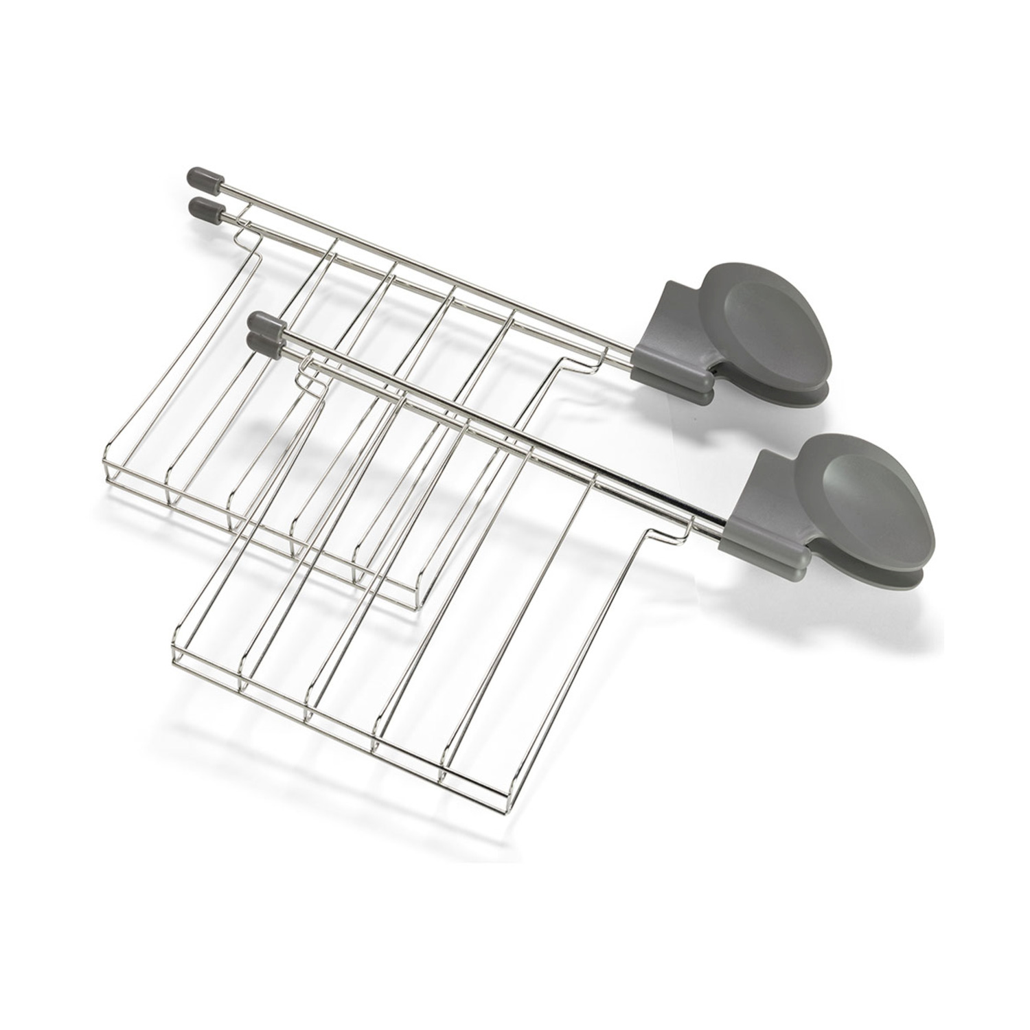 Due ripiani da cucina in filo metallico con morsetti di plastica grigia su sfondo bianco.