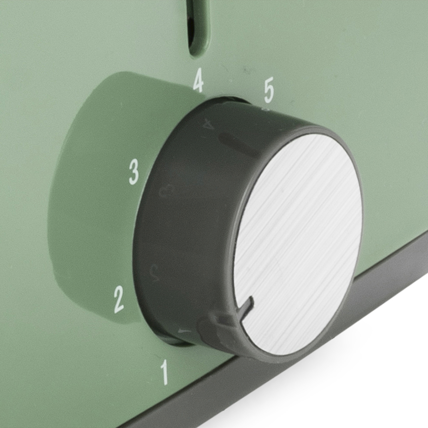 Una manopola di controllo grigia su un tostapane verde con numeri da 1 a 5.