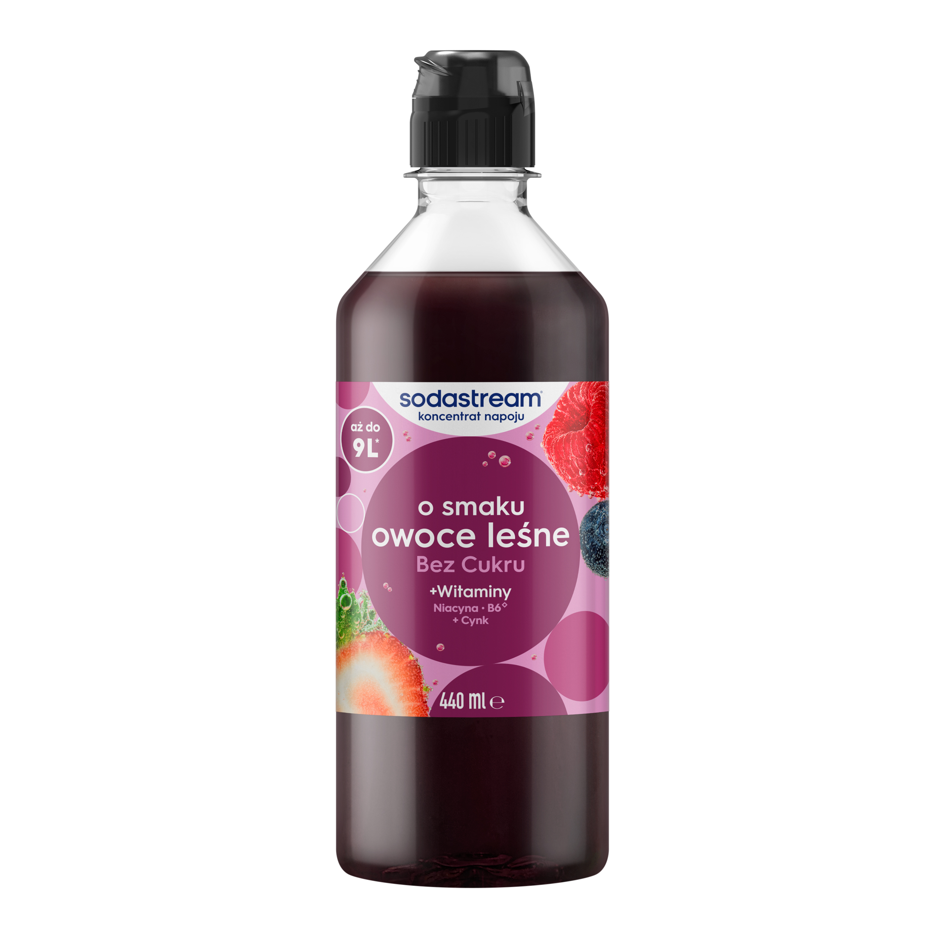 Butelka 440 ml koncentratu napoju SodaStream o smaku owoców leśnych z czarną nakrętką i czerwoną etykietą na białym tle.