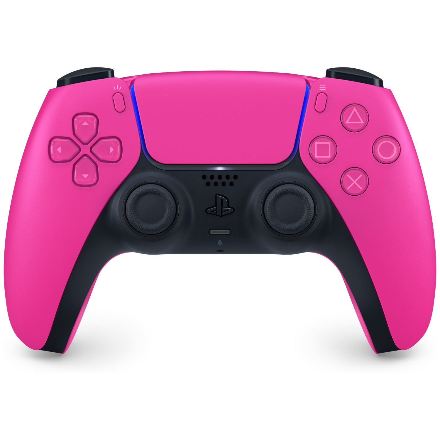 Een felroze PlayStation 5-controller op een witte achtergrond, met zwarte accenten en twee joysticks.