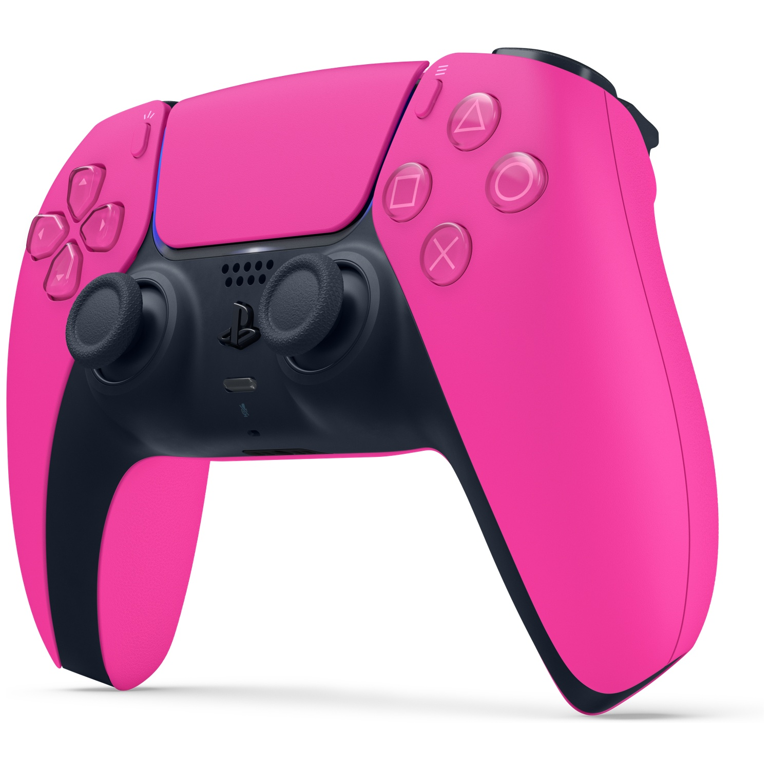 Een felroze en zwarte PlayStation 5 DualSense-controller op een witte achtergrond.
