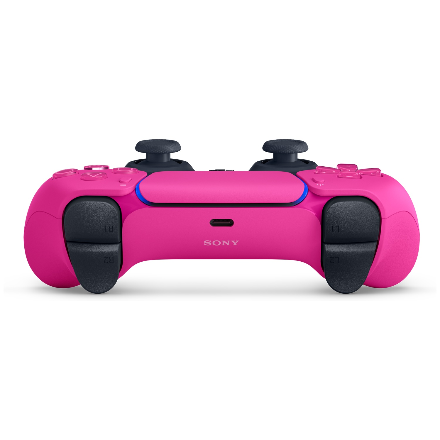 Een felroze PlayStation 5-controller met zwarte triggers en thumbsticks tegen een witte achtergrond.