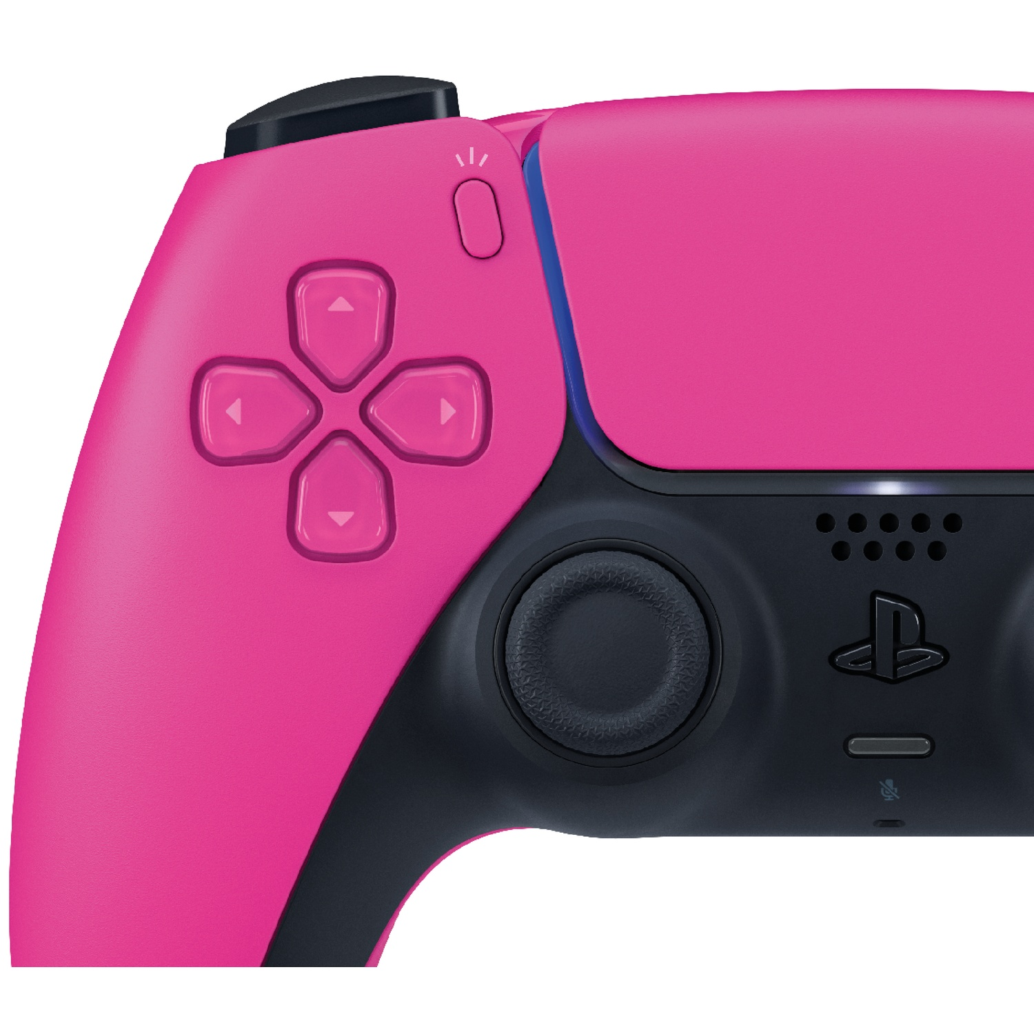 Een helder roze PlayStation 5-controller met D-pad, analoge stick en het PlayStation-logo op zwarte grip.