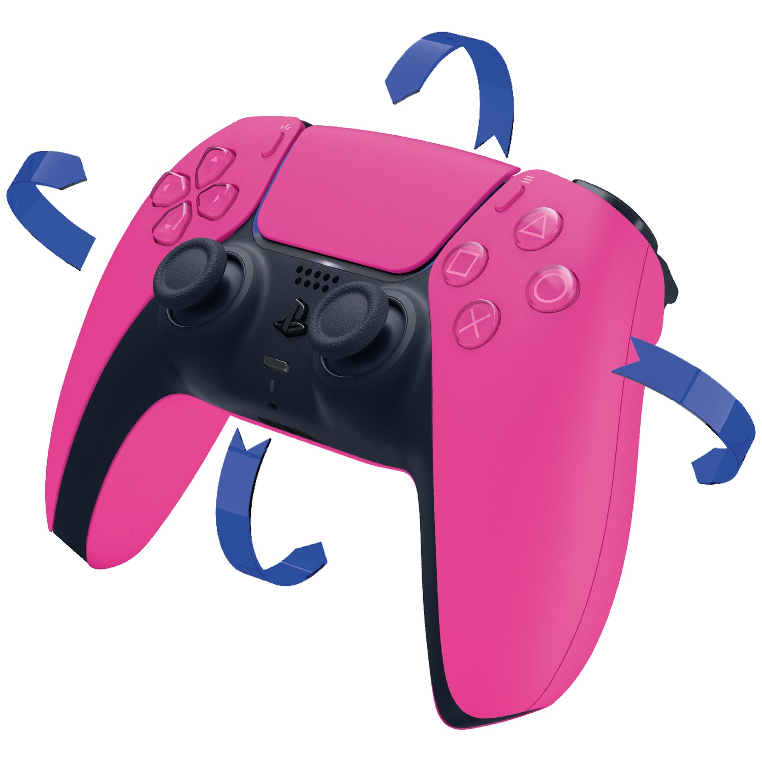 Een roze PlayStation 5 controller op een witte achtergrond, omringd door blauwe gebogen pijlen.