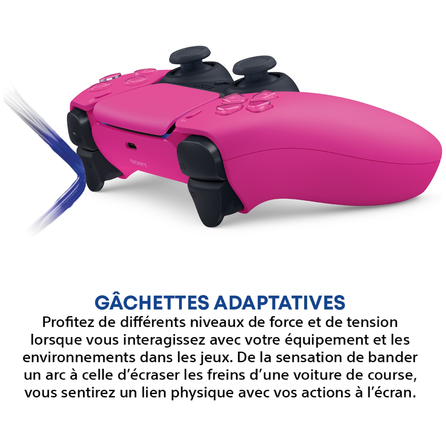 Une manette PlayStation 5 DualSense rose vif avec des joysticks et des gâchettes noirs, accompagnée de texte promotionnel.