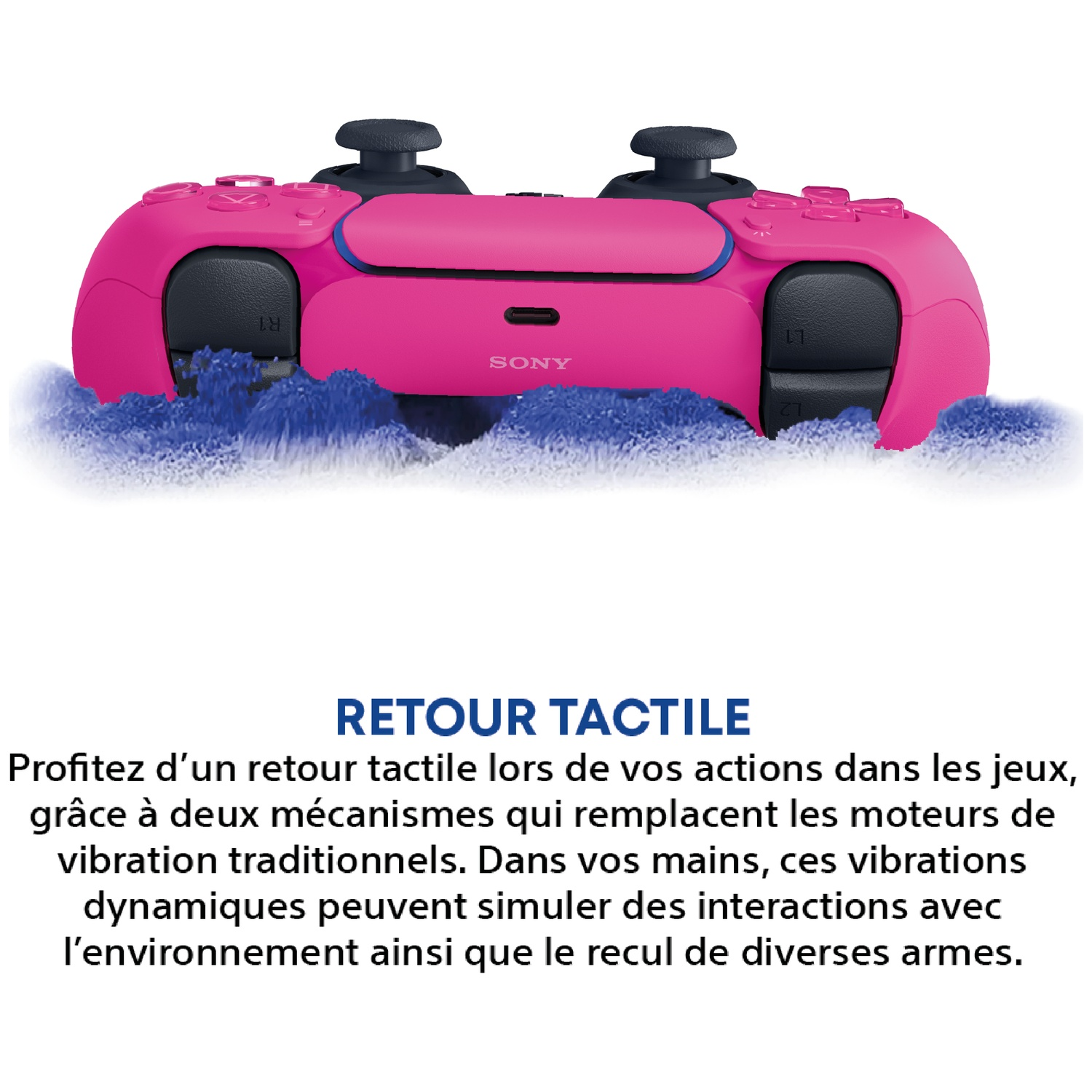 Une manette Sony PlayStation 5 rose sur fond bleu avec du texte en français.