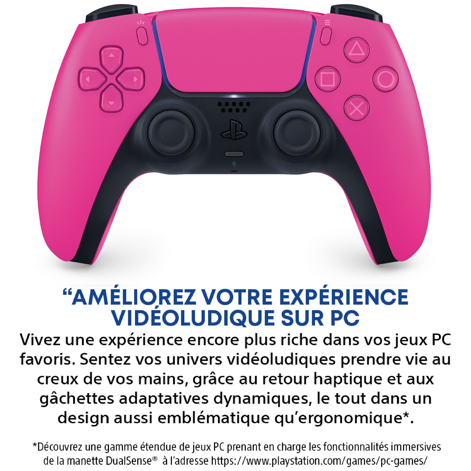Une manette sans fil PlayStation 5 DualSense rose et noire est affichee au-dessus d'un texte promotionnel.