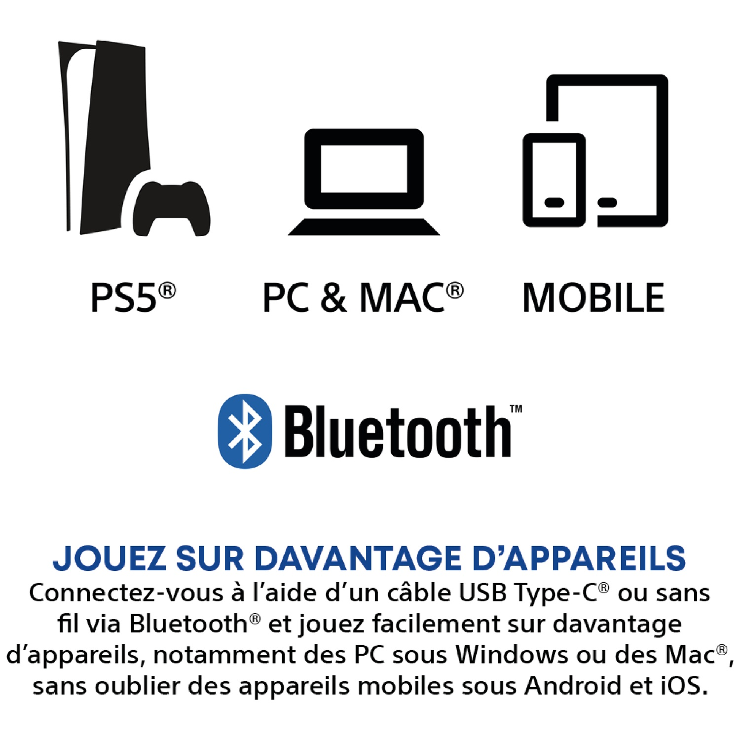 Compatibilité PS5, PC, Mac et appareils mobiles avec Bluetooth.