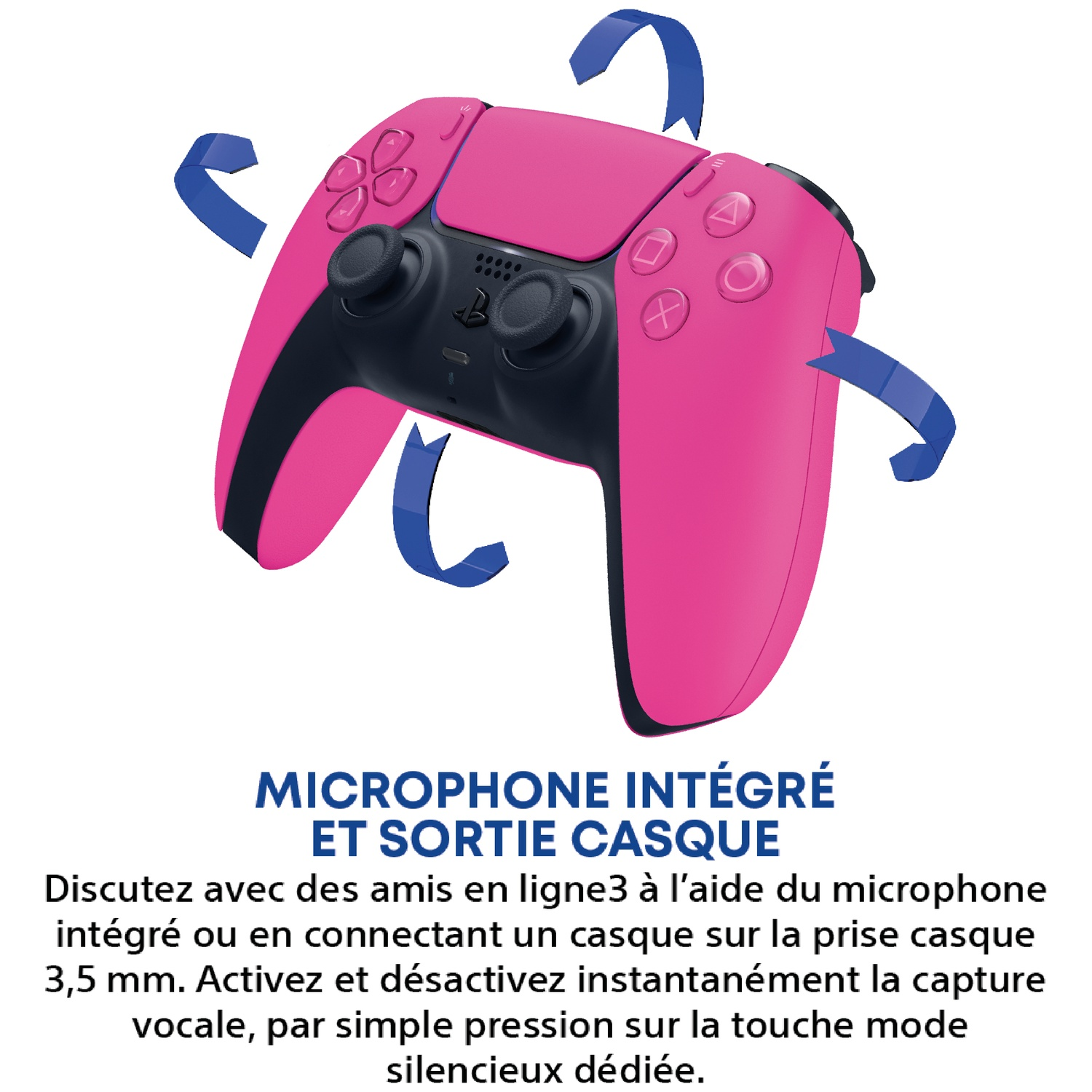Une manette PlayStation 5 rose avec des flèches de rotation bleues et du texte en français en bas.