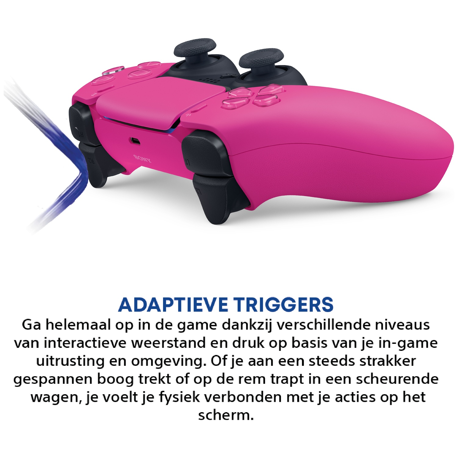 Een roze PlayStation-controller met blauwe energie-effecten en Nederlandstalige tekst eronder.