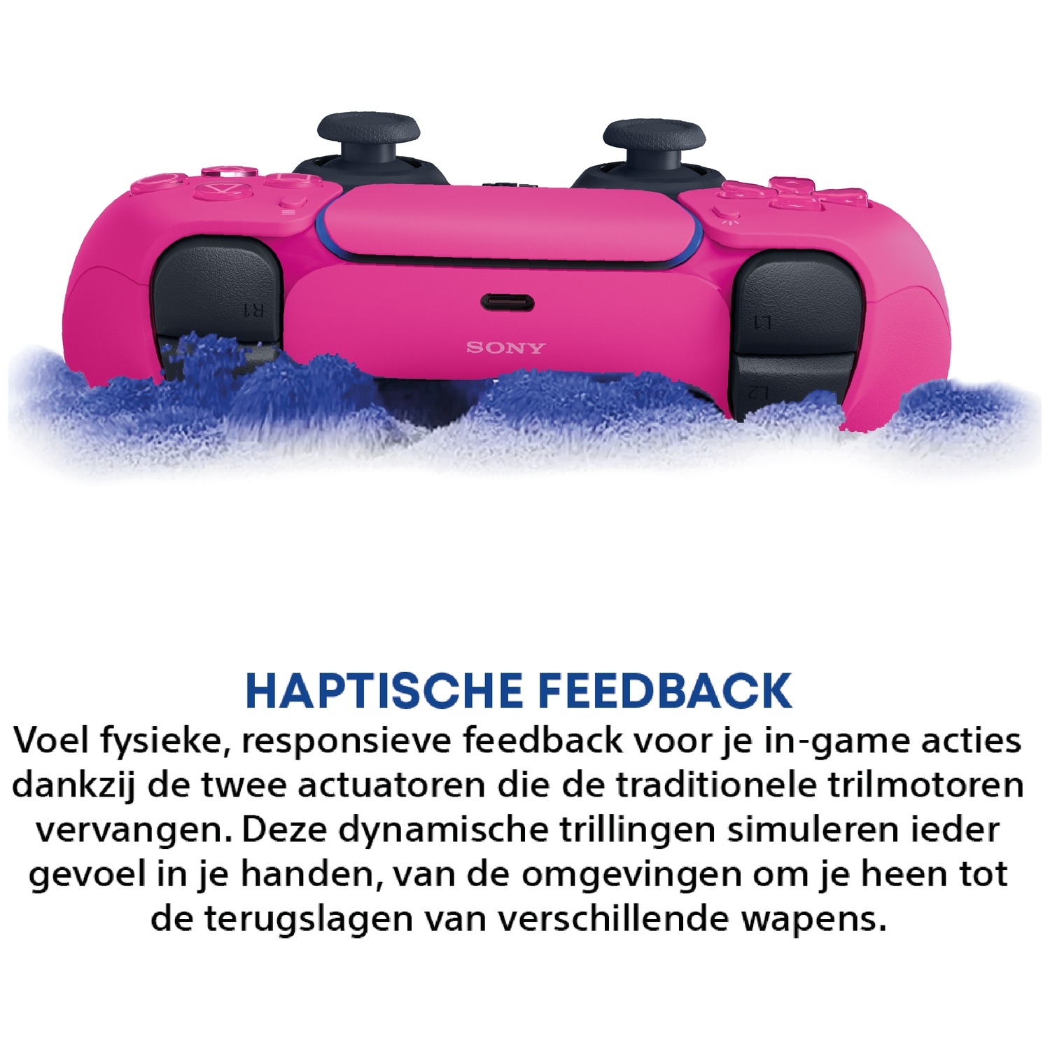 Een roze PlayStation 5-controller op een blauwe achtergrond met Nederlandse tekst eronder.