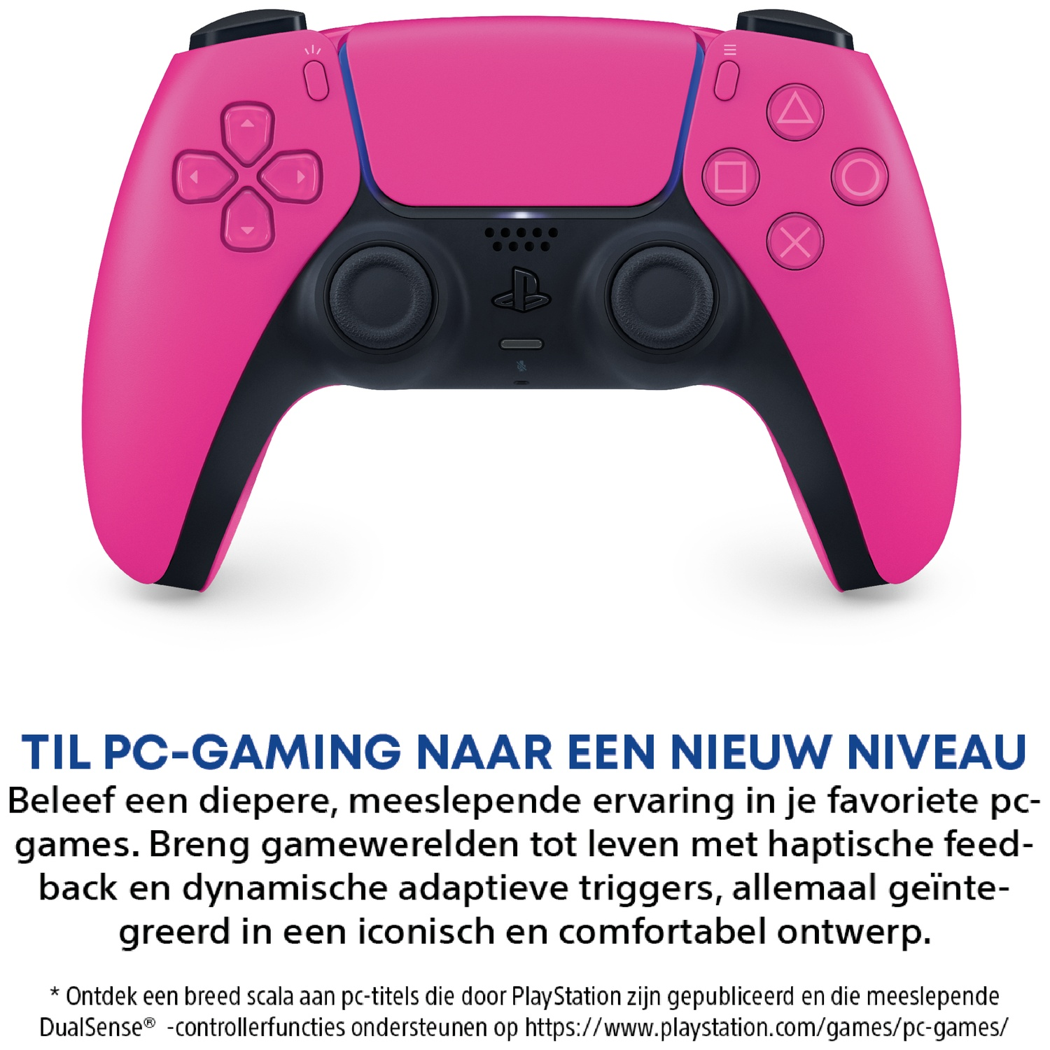 Een roze PlayStation 5 DualSense-controller op een witte achtergrond met Nederlandse tekst onderaan.