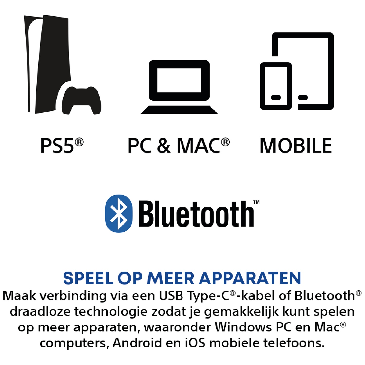 Pictogrammen voor PS5, pc, Mac en mobiel, plus Bluetooth-logo en tekst voor verbinding met meerdere apparaten.