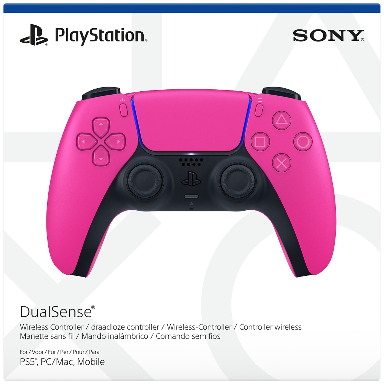 Een roze PlayStation DualSense draadloze controller tegen een witte achtergrond met PlayStation- en Sony-logo's.