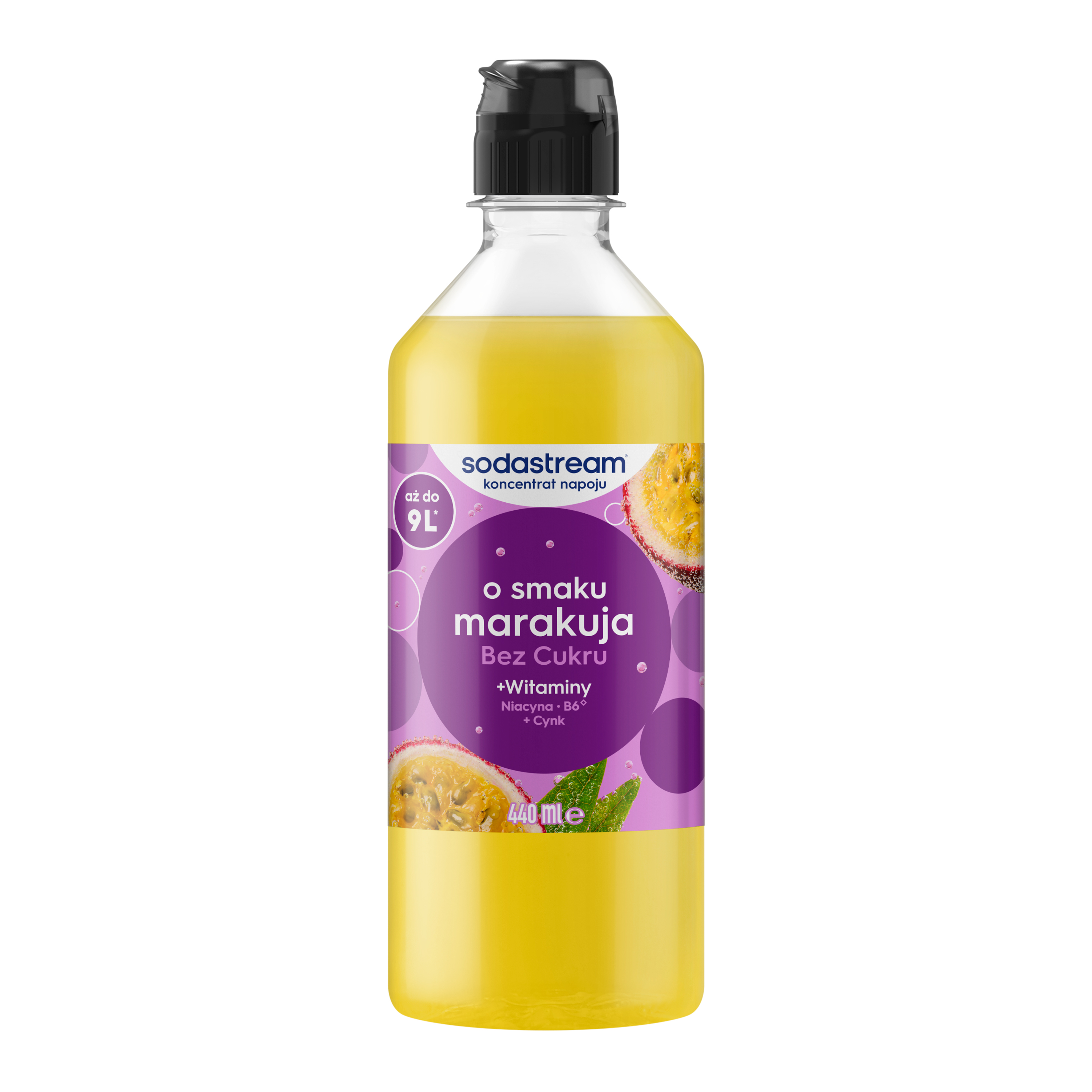 Plastikowa butelka koncentratu napoju o smaku marakui Sodastream, żółty płyn i fioletowa etykieta.