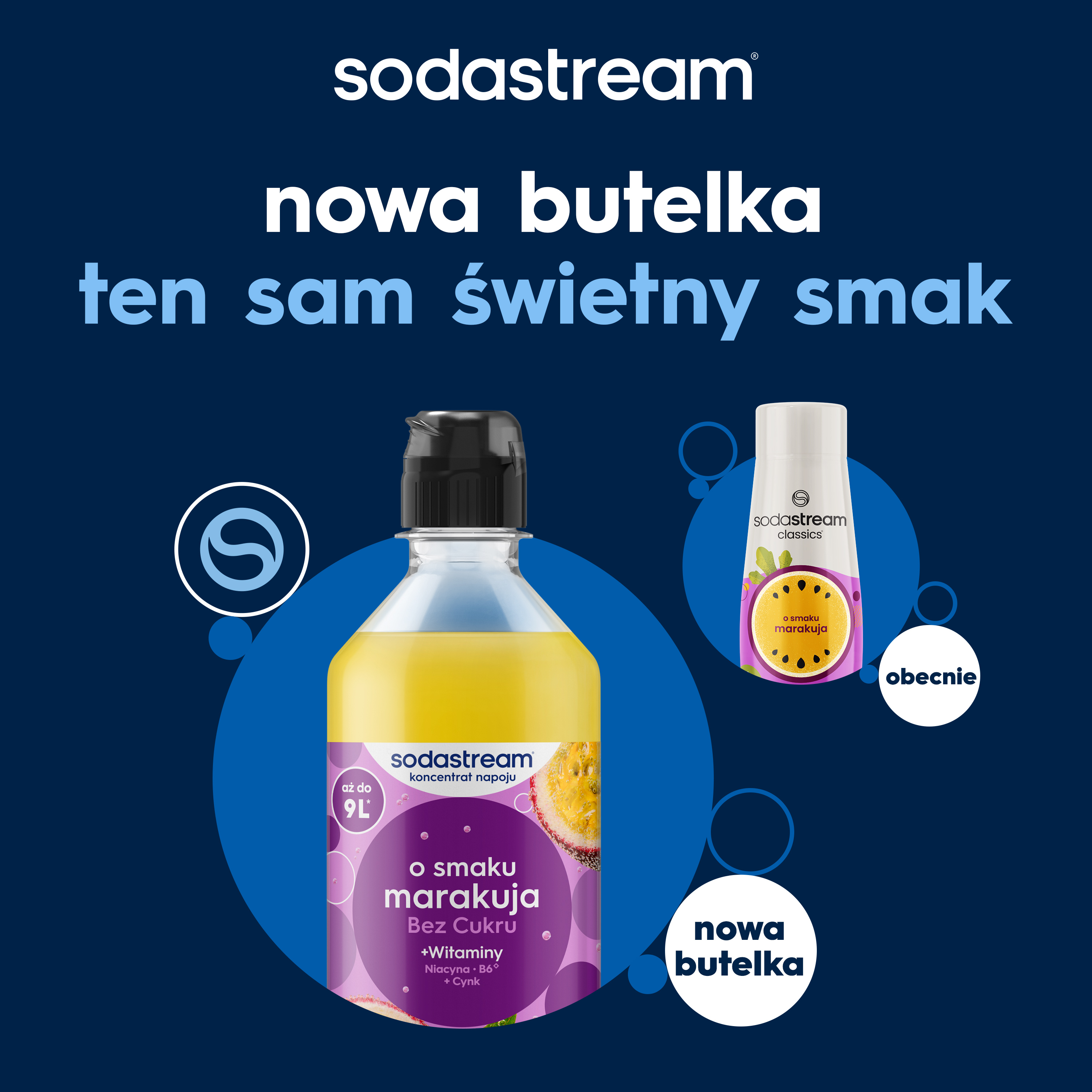 Syrop marakuja Sodastream w nowej i starej butelce na niebieskim tle z tekstem.