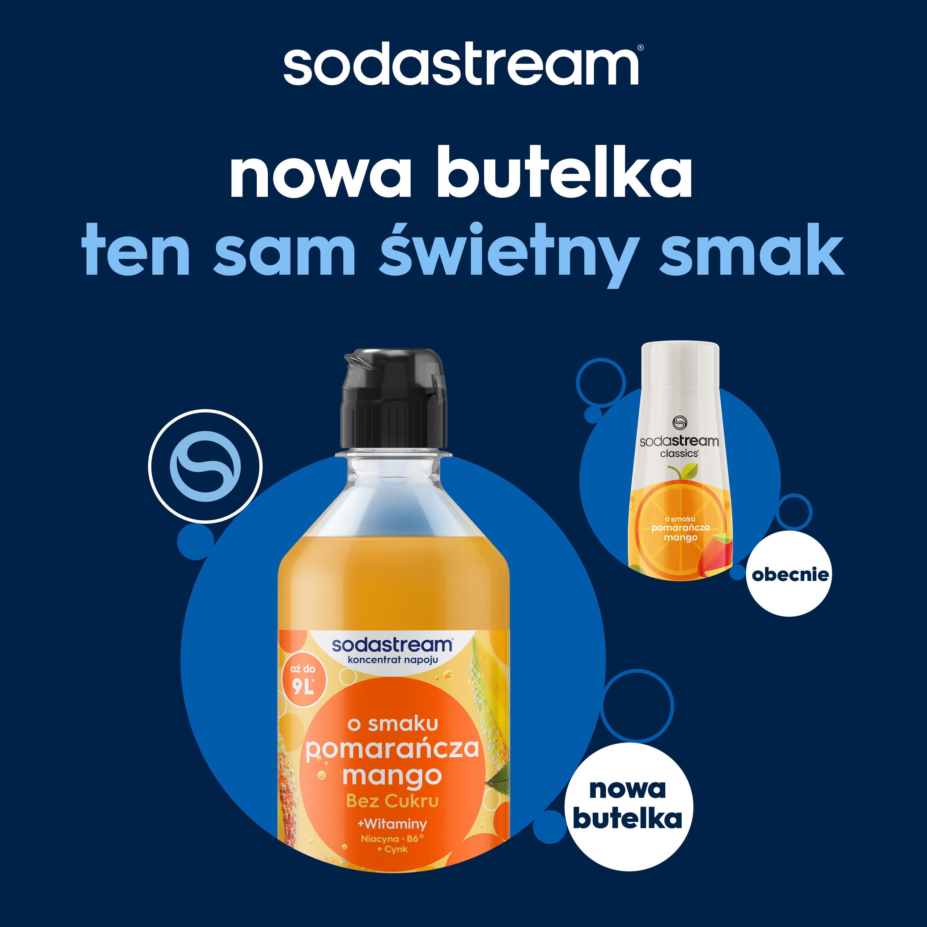 Reklama Sodastream z nową butelką syropu pomarańcza-mango na niebieskim tle.