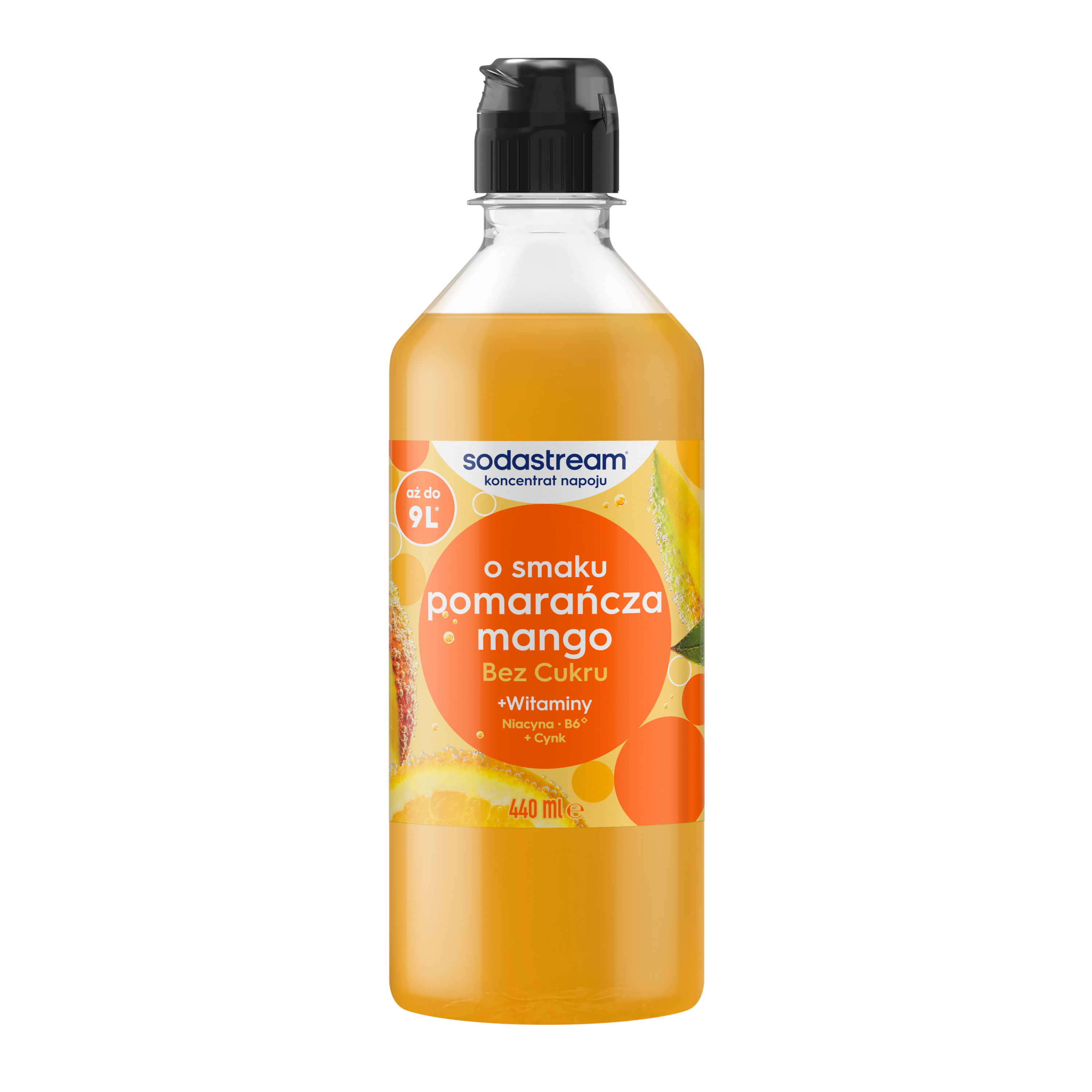 Butelka Sodastream o pojemności 440 ml z syropem pomarańczowo-mangowym.