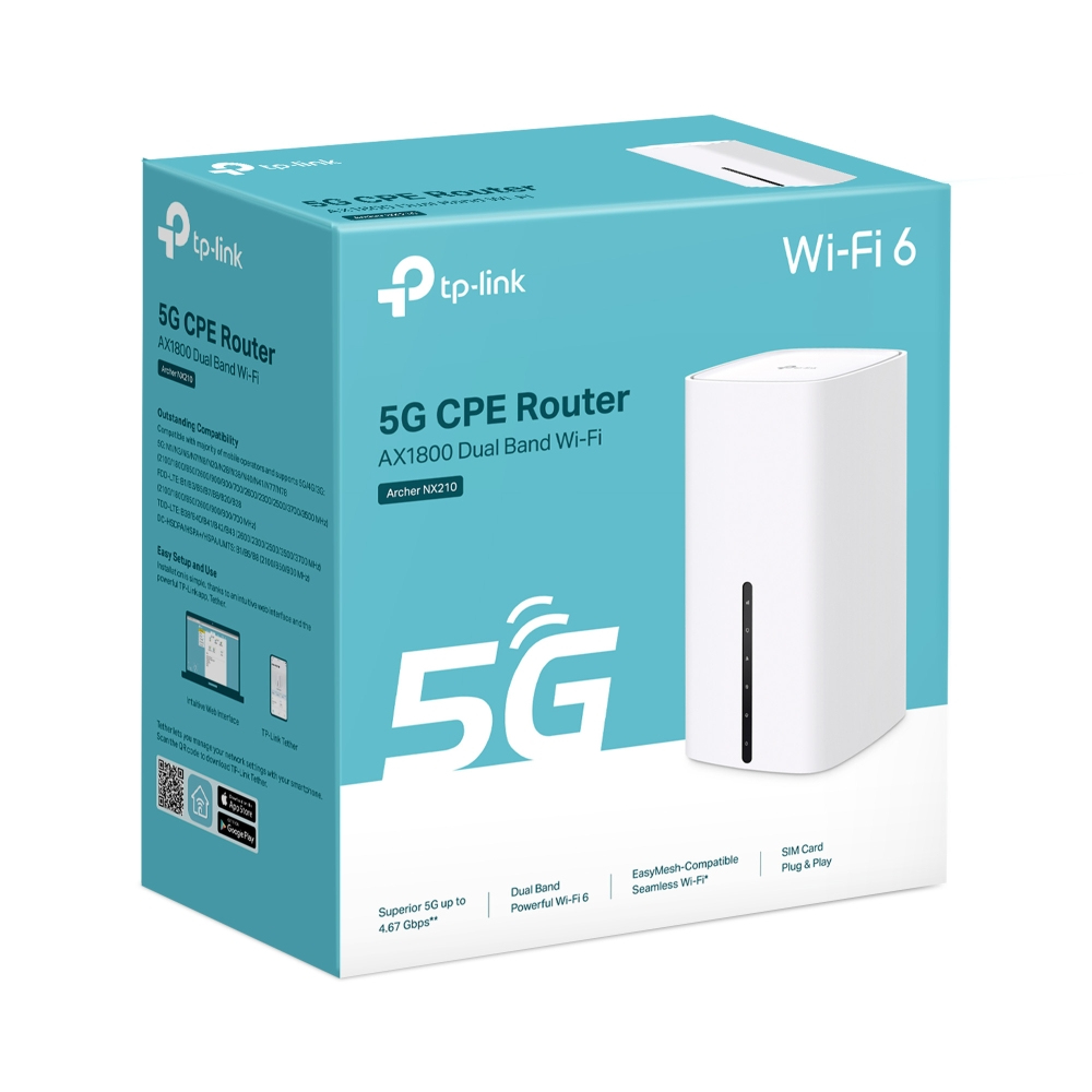 Caja de router TP-Link 5G CPE turquesa con imagen de router blanco.
