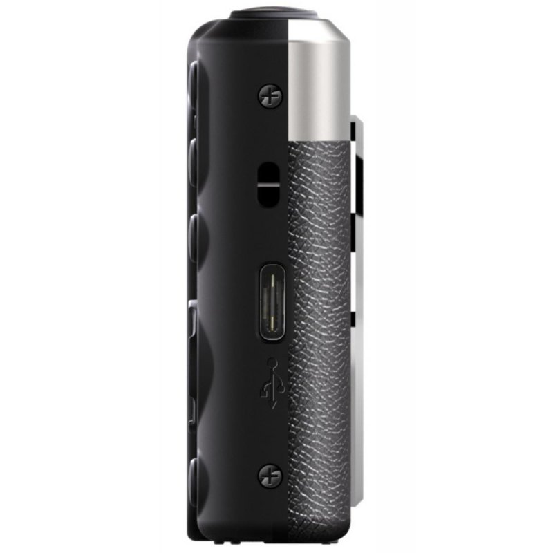 Vista lateral de un dispositivo electrónico negro con puerto USB-C, tornillos y agarre texturizado.