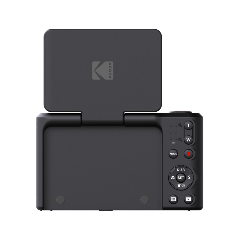 Cámara Kodak negra con pantalla abatible y botones de control en la parte trasera sobre fondo blanco.