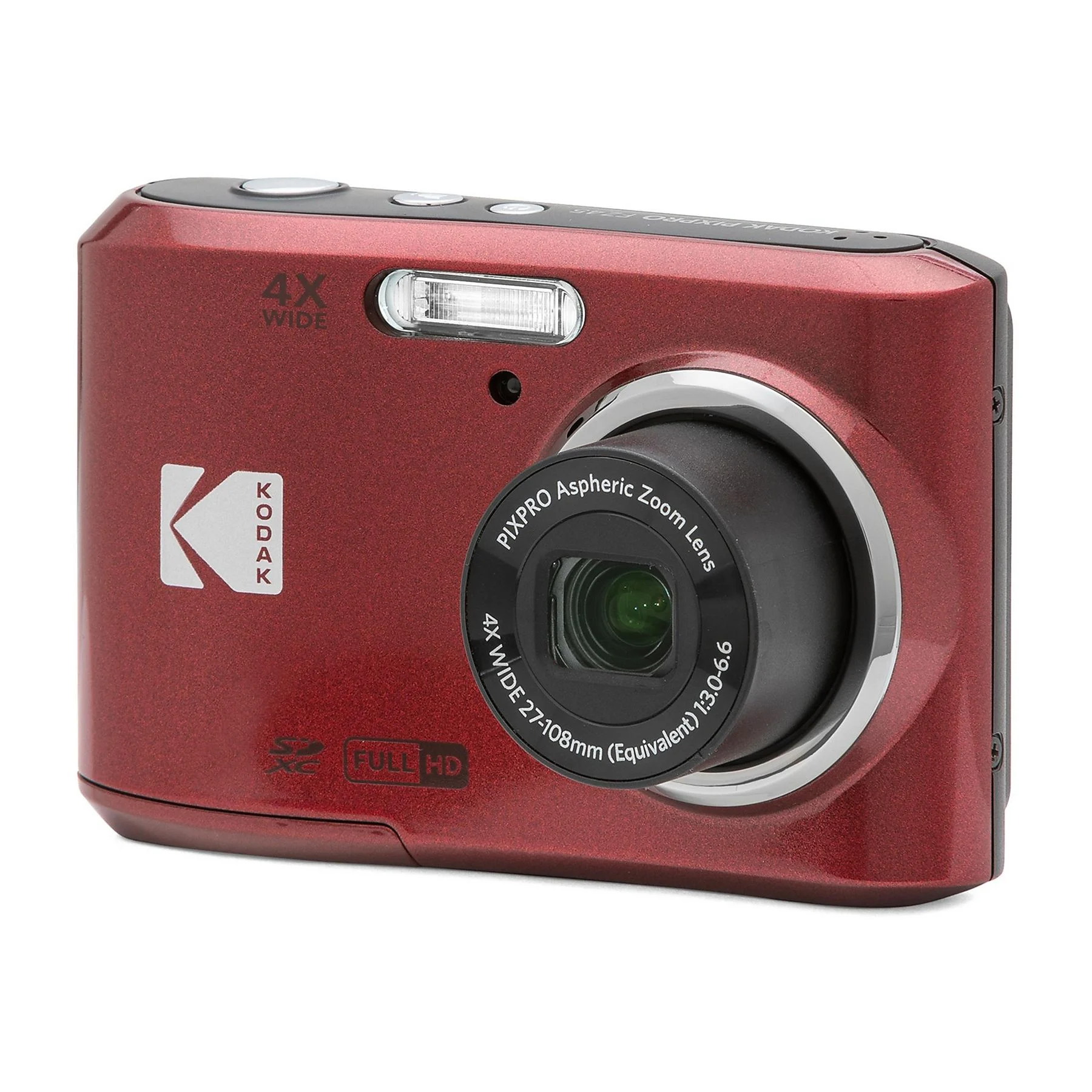 Una cámara compacta Kodak Pixpro roja con lente zoom y flash sobre fondo blanco.