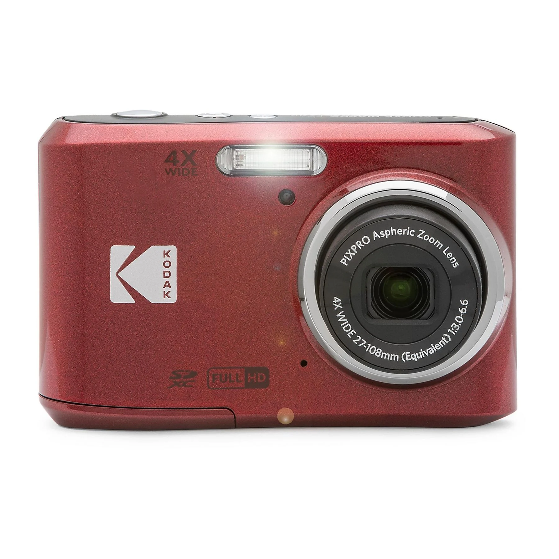 Cámara compacta Kodak roja con lente zoom y flash sobre fondo blanco.