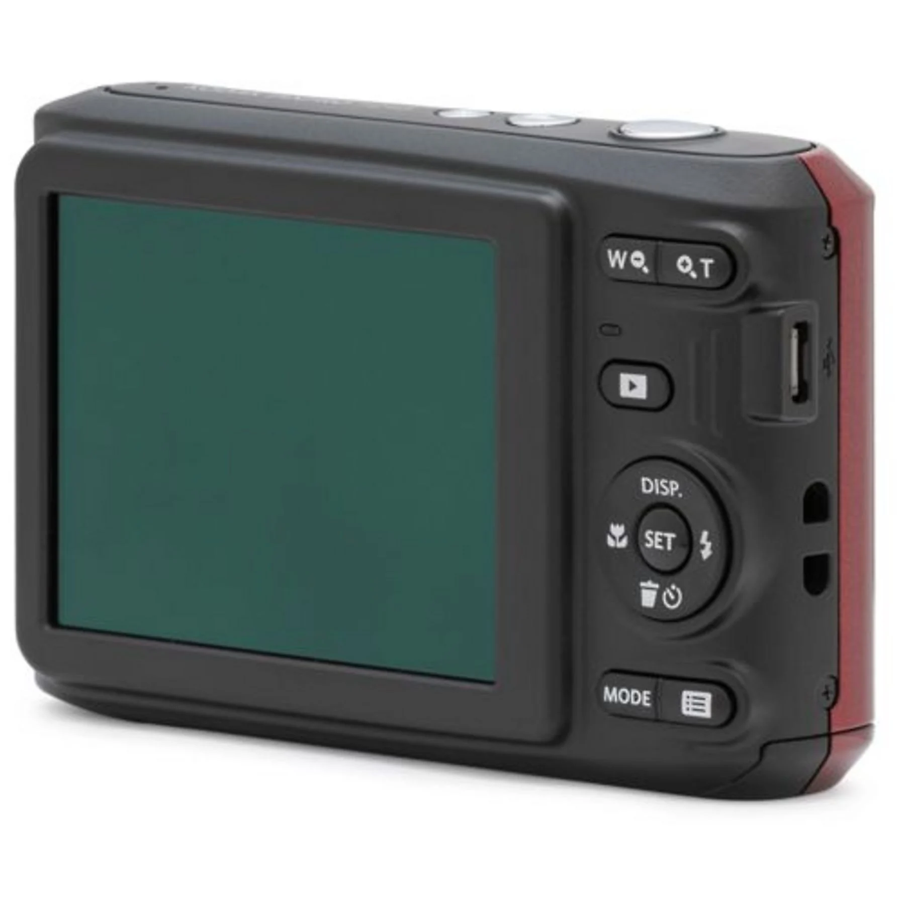 La parte trasera de una cámara digital negra muestra la pantalla LCD y varios botones de control sobre un fondo blanco.