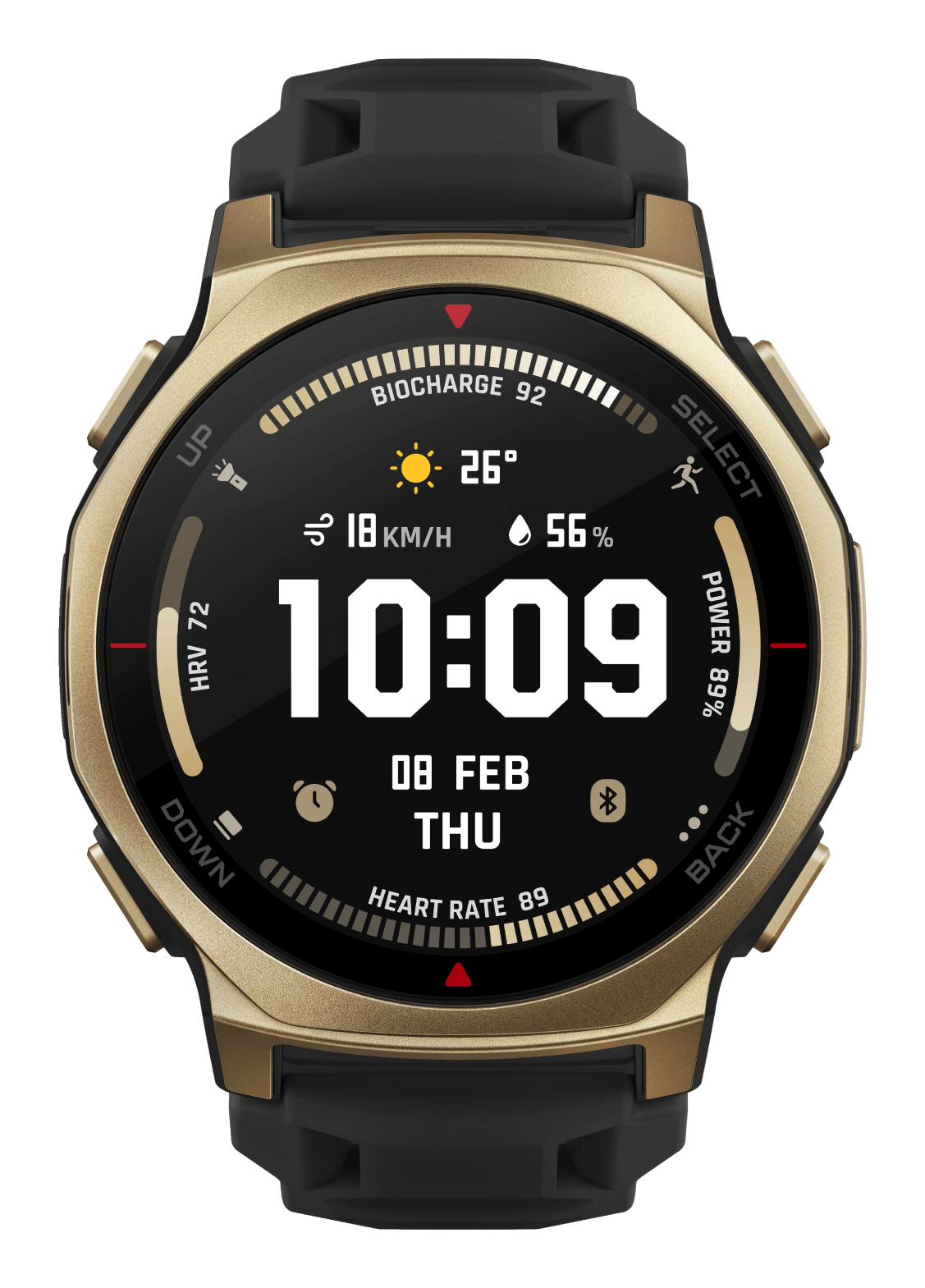 Un reloj inteligente negro con caja dorada muestra digitalmente la hora 10:09, la fecha y datos meteorológicos.