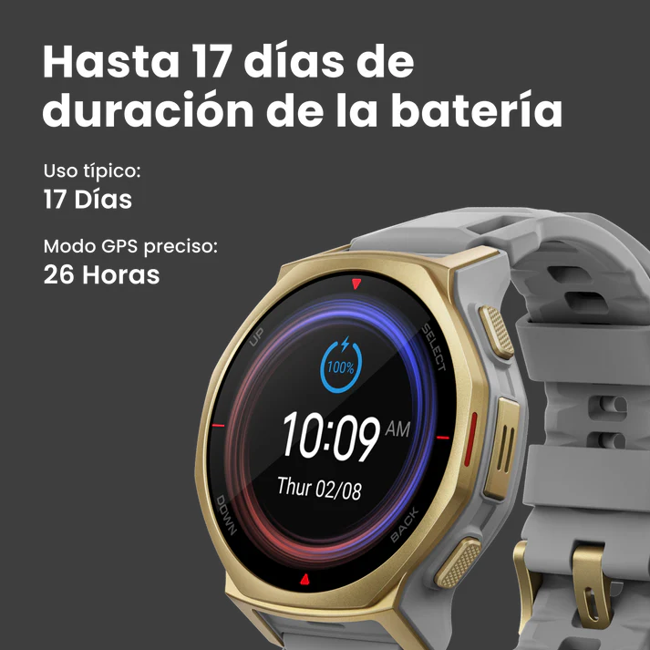 Un reloj inteligente dorado y gris con pantalla redonda que muestra la hora y la batería.