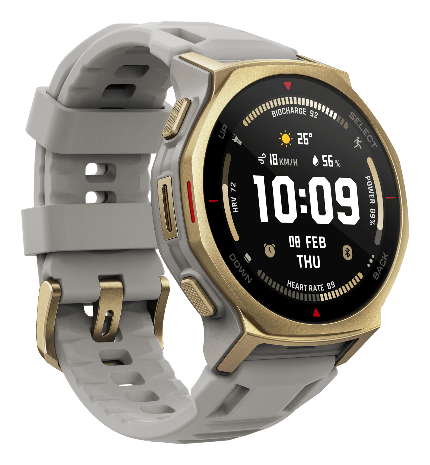 Un reloj inteligente dorado con correa de silicona gris muestra digitalmente la hora 10:09, fecha y clima.