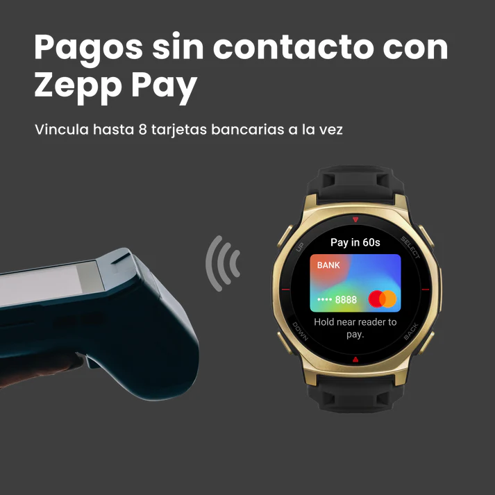 Un reloj inteligente muestra una tarjeta bancaria para pago sin contacto.