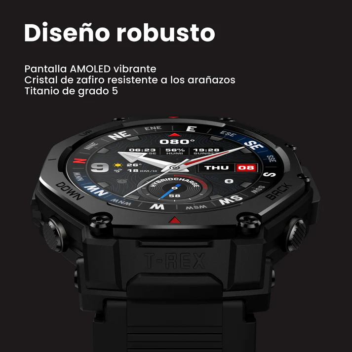 Reloj inteligente negro resistente con caja duradera, esfera digital y texto blanco sobre fondo oscuro.