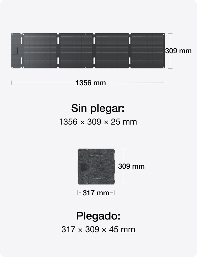 Diagrama que muestra las dimensiones de un panel solar portátil desplegado y plegado.