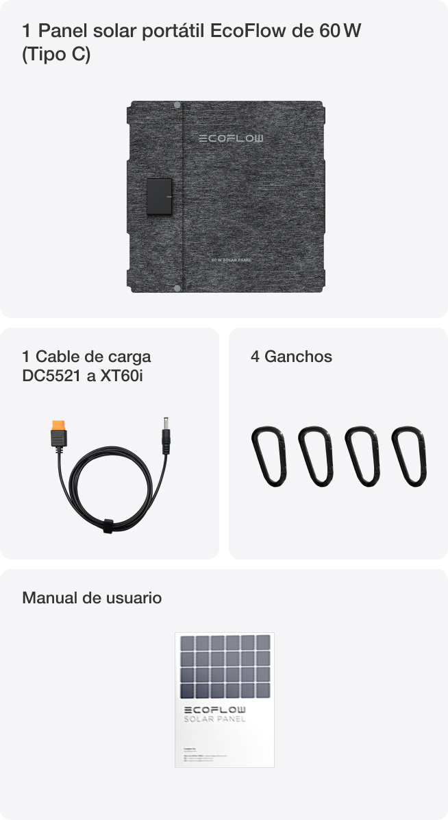 Panel solar EcoFlow de 60W, cable de carga, cuatro mosquetones y manual.