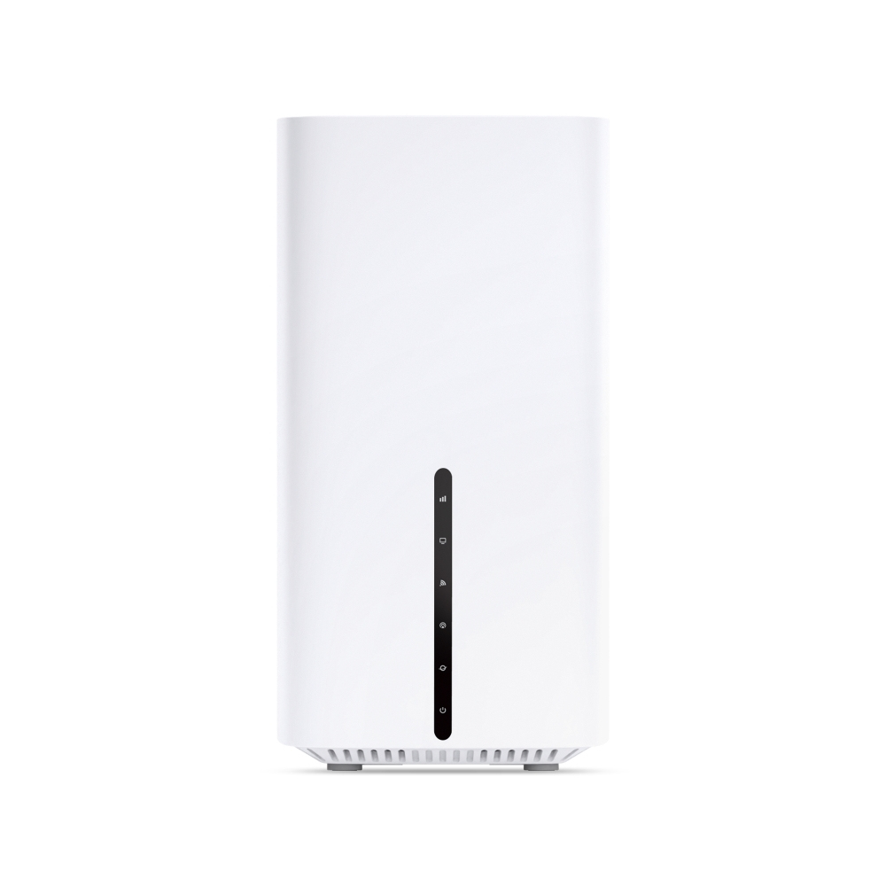 Un enrutador vertical blanco con un panel negro central que muestra varios iconos de estado sobre fondo blanco.