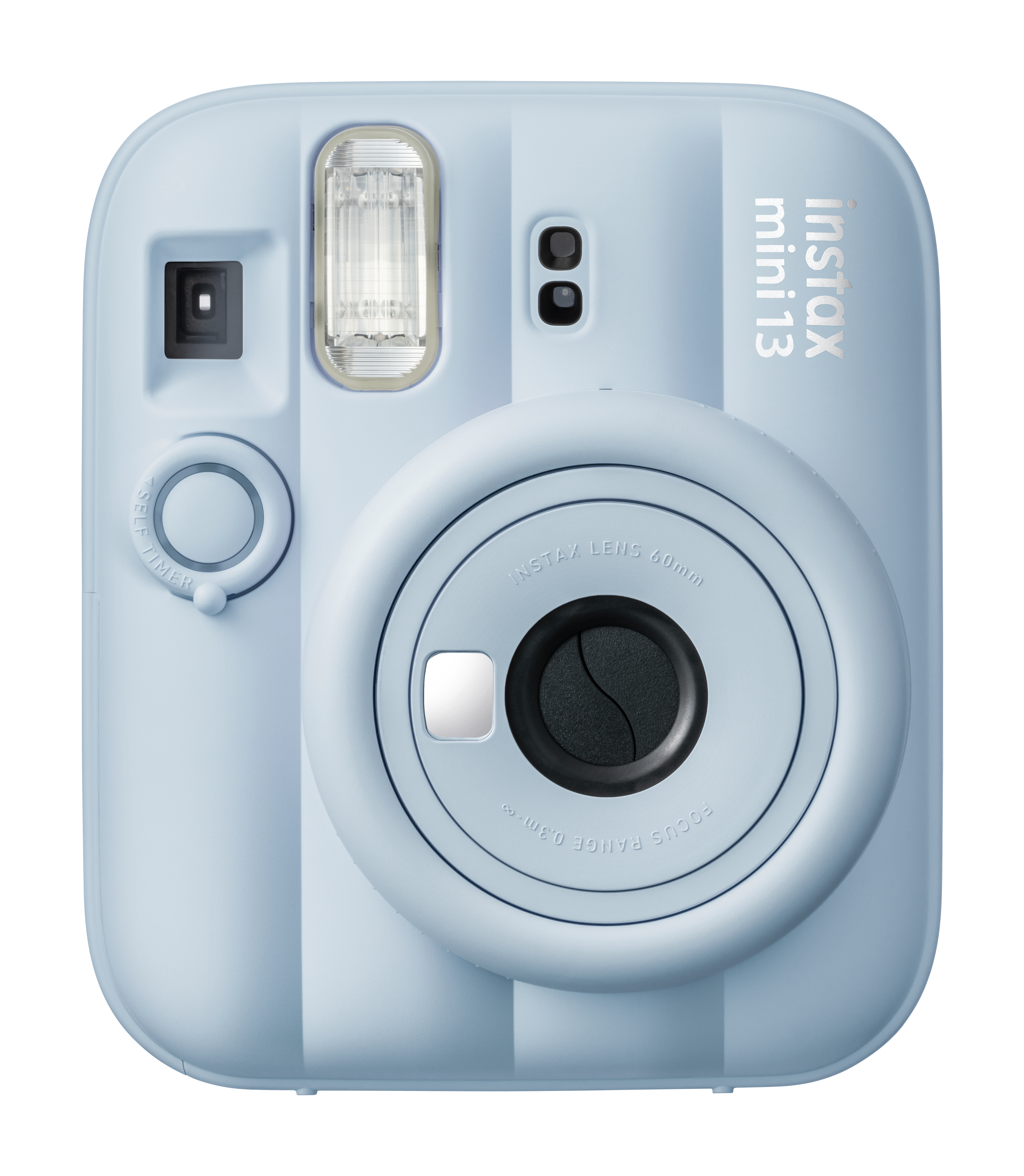 Eine hellblaue Instax Mini 13 Sofortbildkamera von vorne mit Objektiv, Blitz und Sucher.